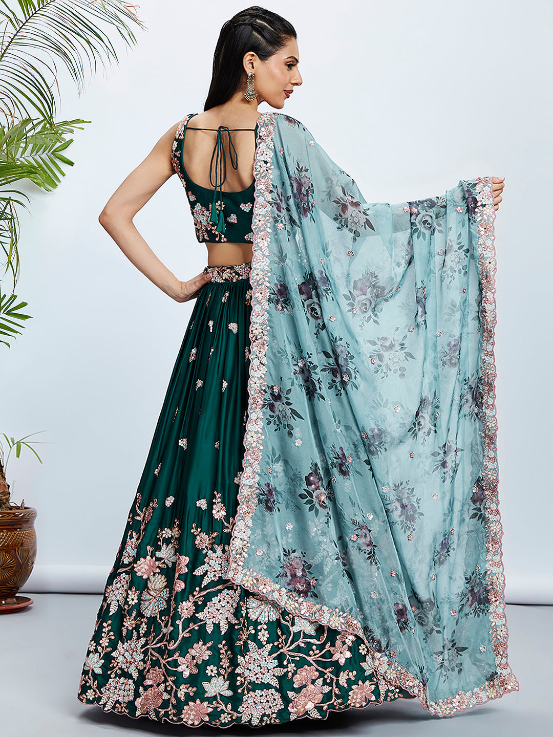 House of Panchhi Teal Pure Georgette Sequins And Thread Embroidery Lehenga Choli & Dupatta | Swadesiicart