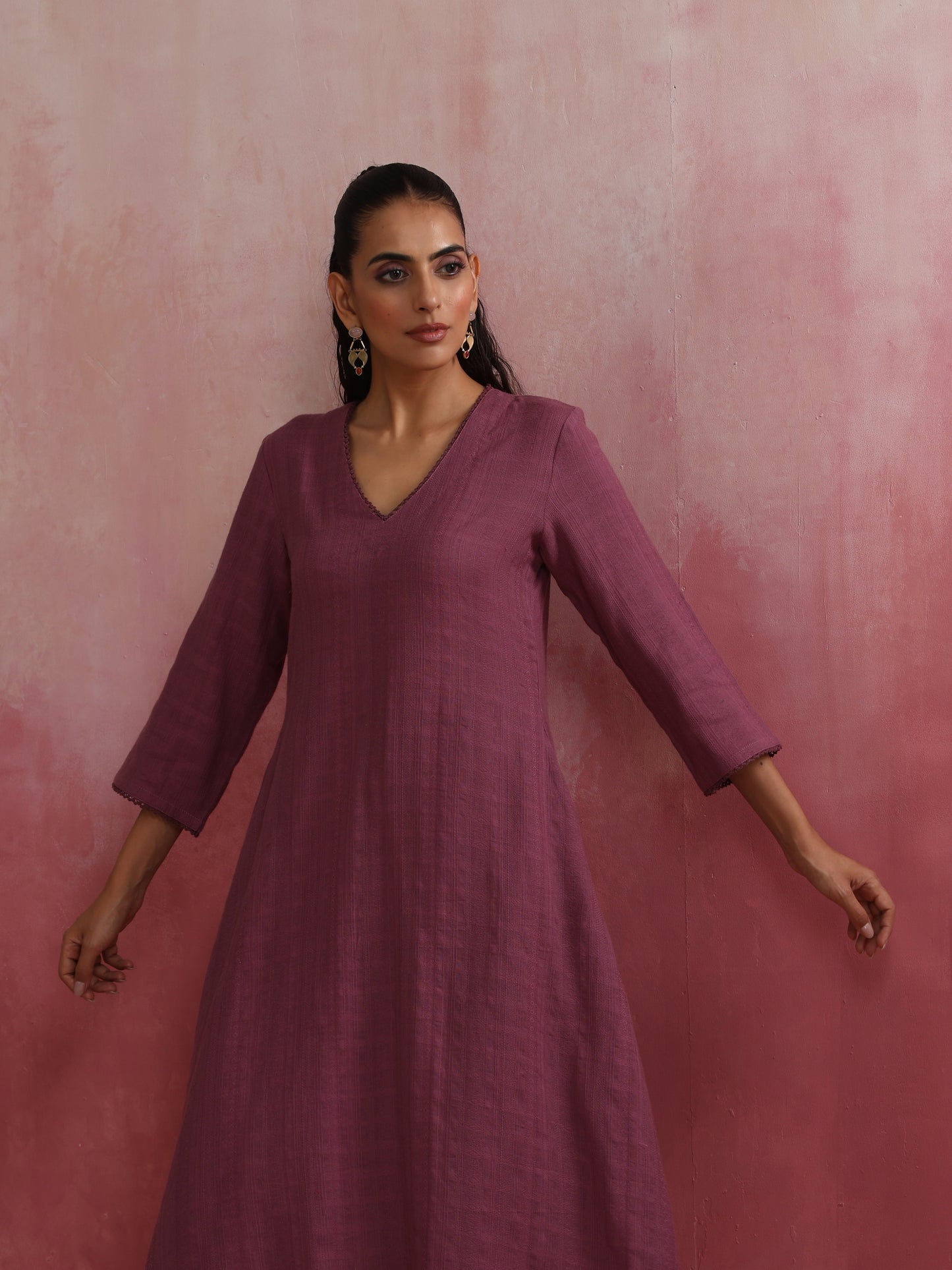 trueBrowns Light Purple Cotton Dobby Flared Kurta Set | Swadesiicart