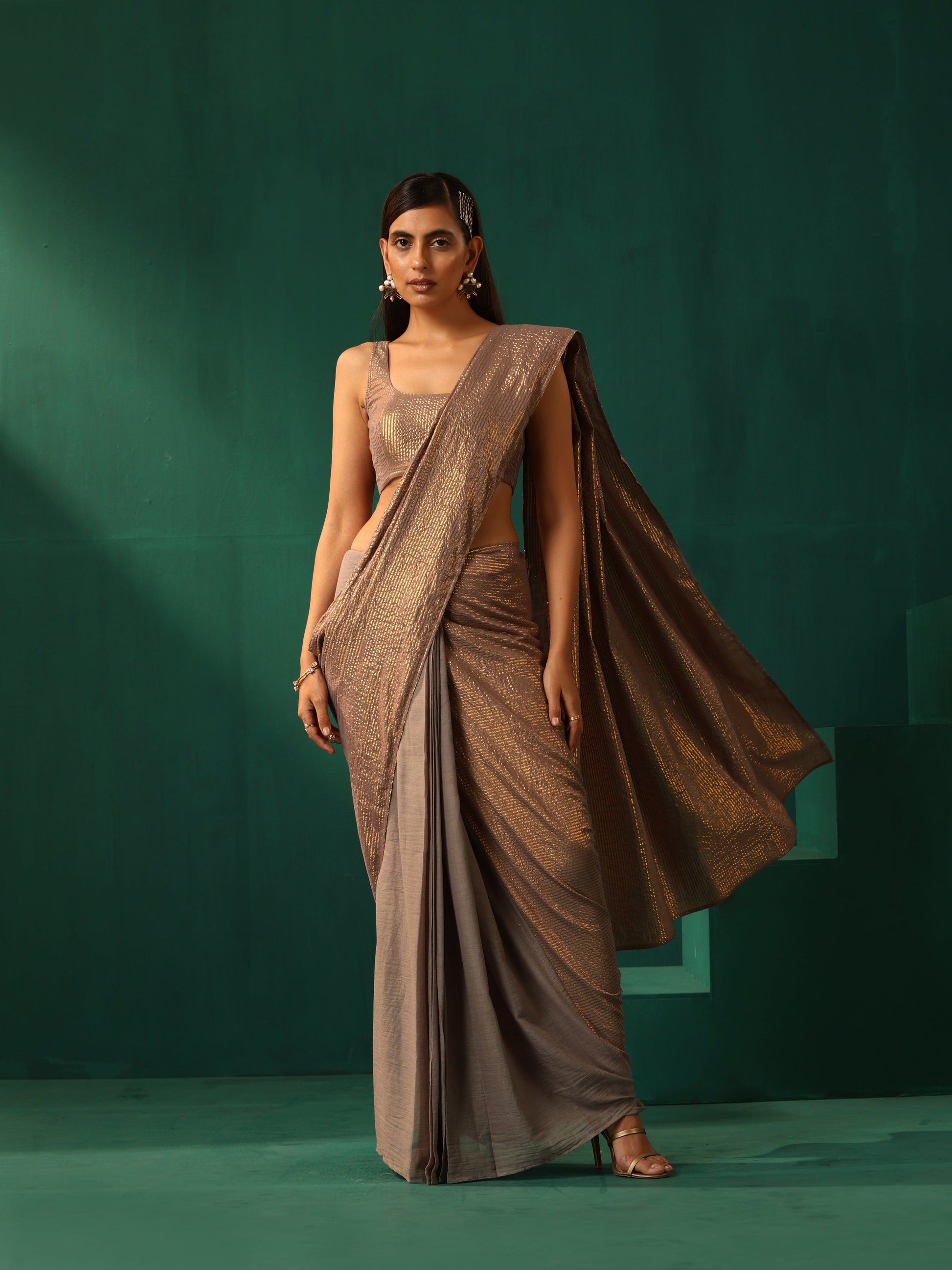 trueBrowns Grey Cotton Gold Lurex Scoop Neck Sleeveless Blouse | Swadesiicart