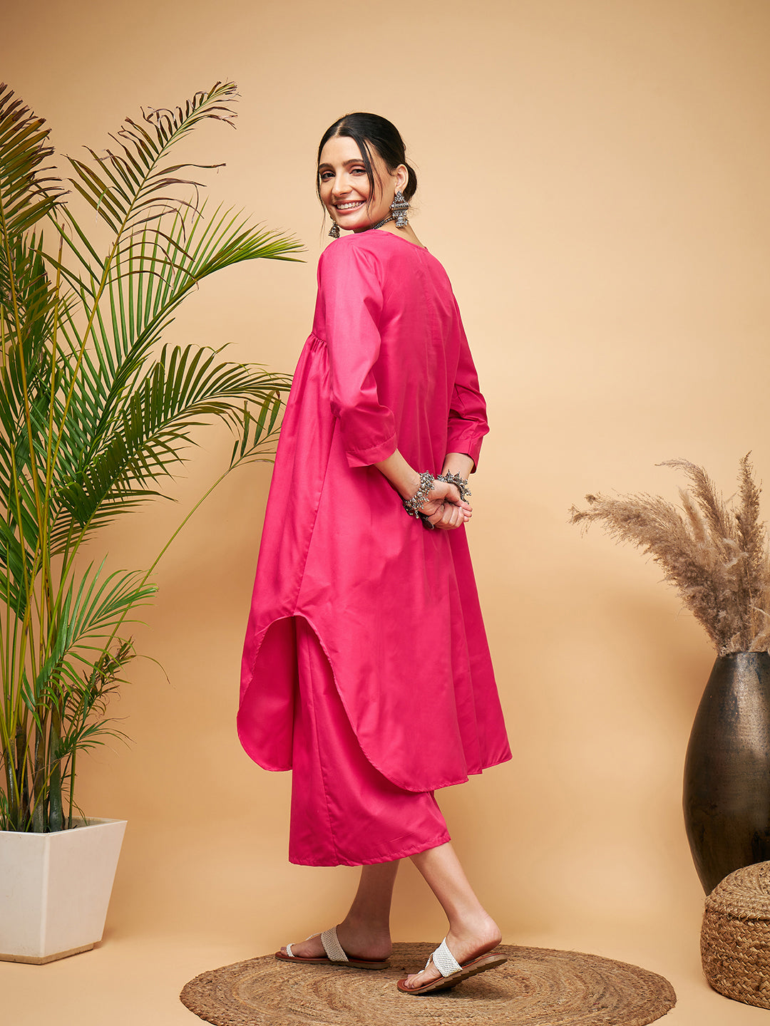 InWeave Women's Fuchsia Flared Kurta Palazzo Set - Swadesiicart