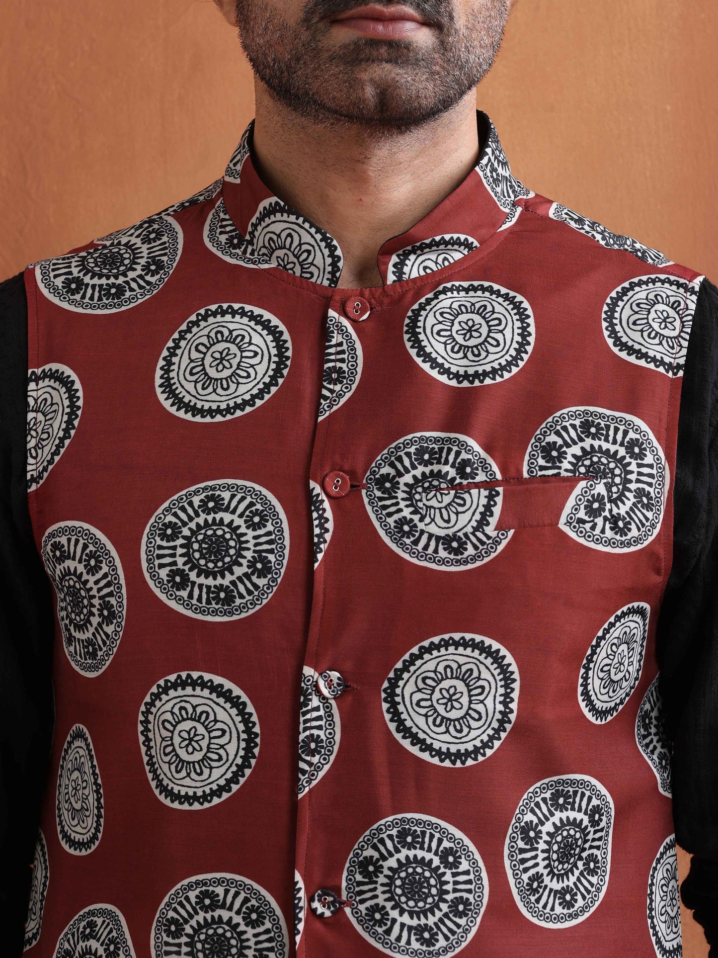 trueBrowns Men's Rust Printed Nehru Jacket | Swadesiicart