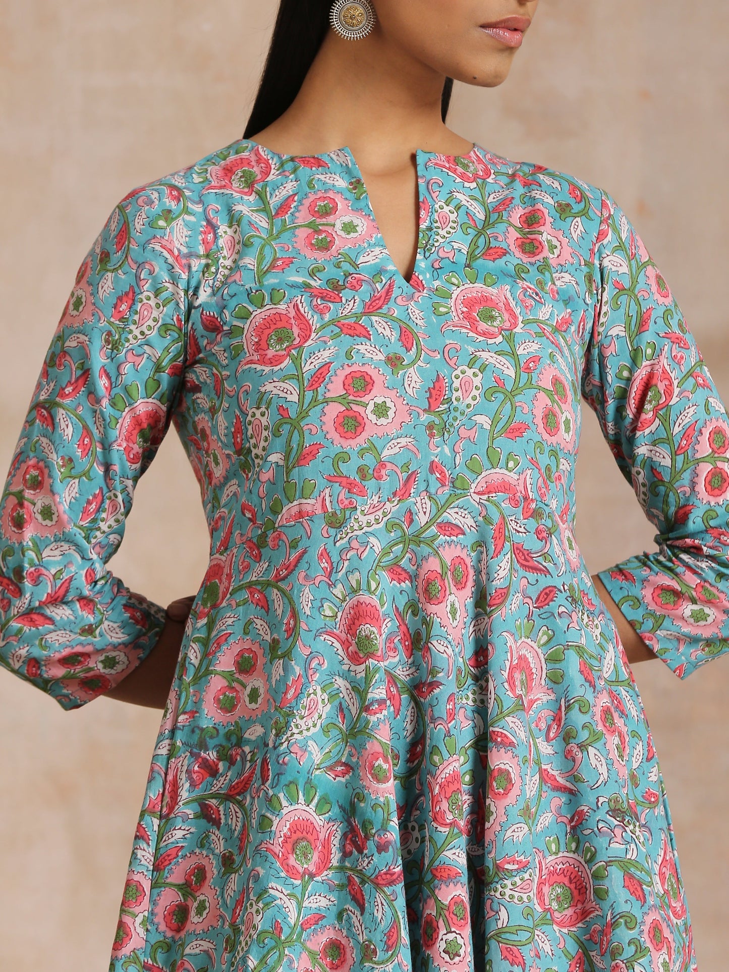 trueBrowns Turkish Blue Overall Floral Block Print Cotton Flared Kurta Pant Set | Swadesiicart