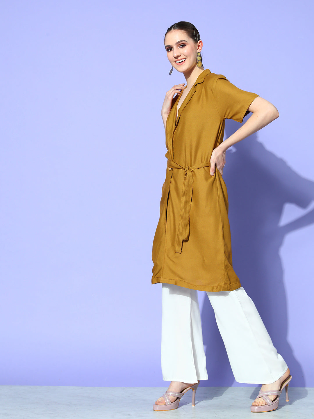 InWeave Women's Camel Brown Cream Naroow Pant Coord Set - Swadesiicart