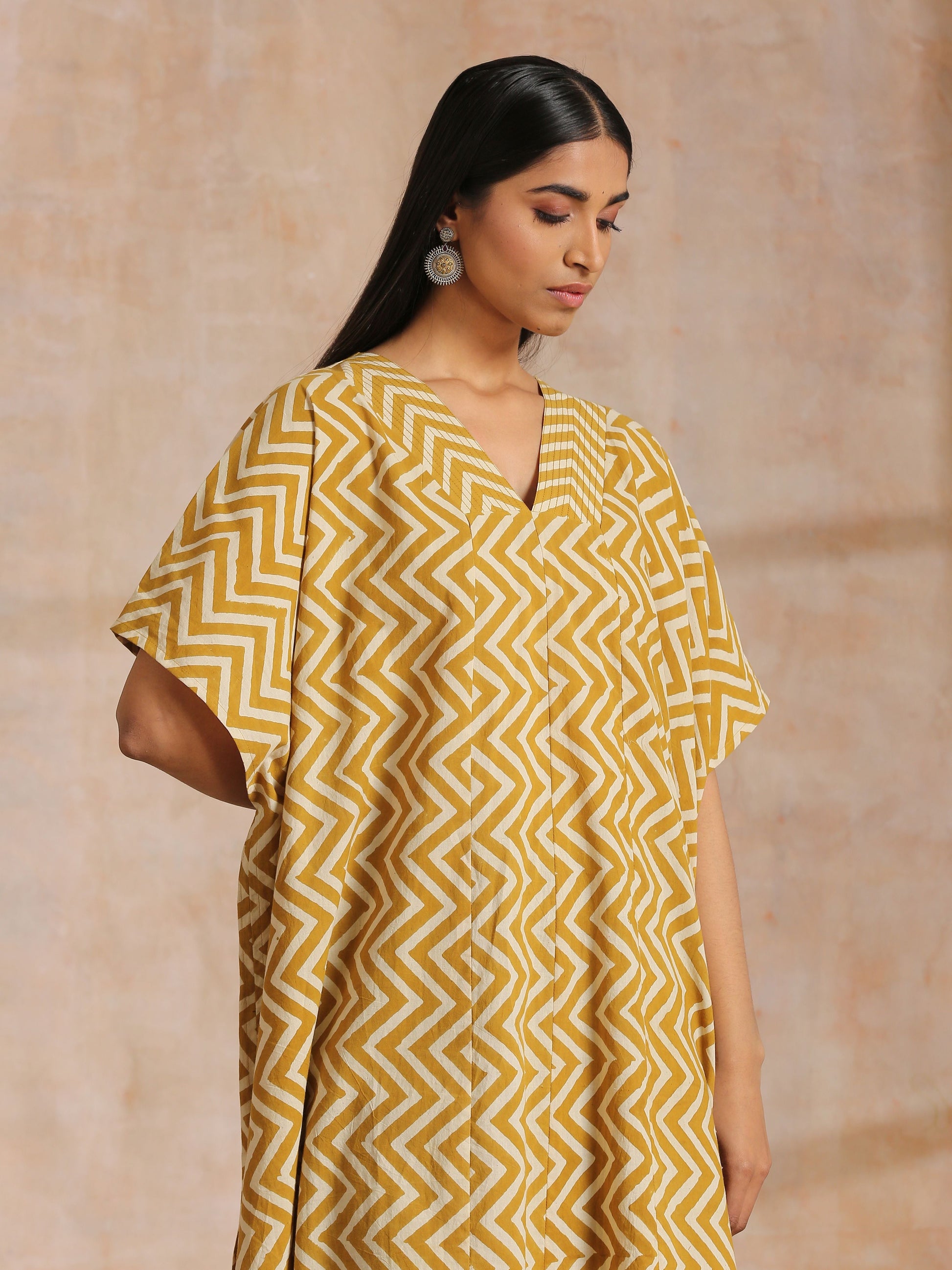 trueBrowns Mustard Dabu Zig-Zag Lines Print Cotton Panel Kaftan Kurta Pant Set | Swadesiicart