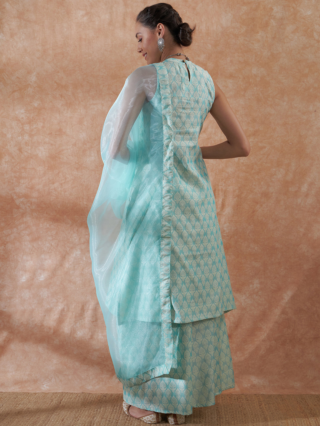 InWeave Women's Powder Blue Jacquard Halter Kurta Set W Powder Blue Or Dupatta - Swadesiicart