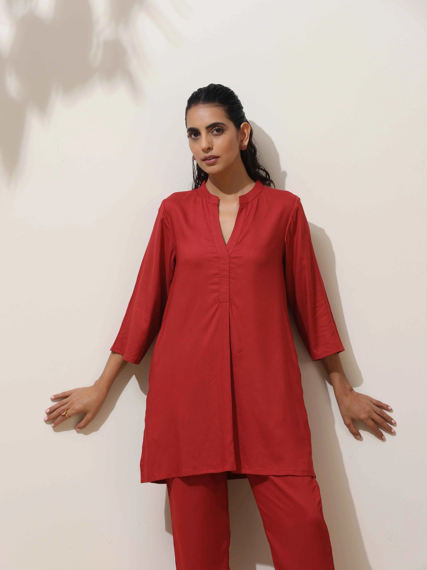 trueBrowns Maroon Viscose Solid Co-ord Set - Swadesiicart