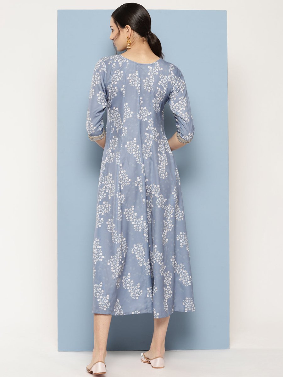 Ahalyaa Floral Printed Midi A-Line Ethnic Dress | Swadesiicart