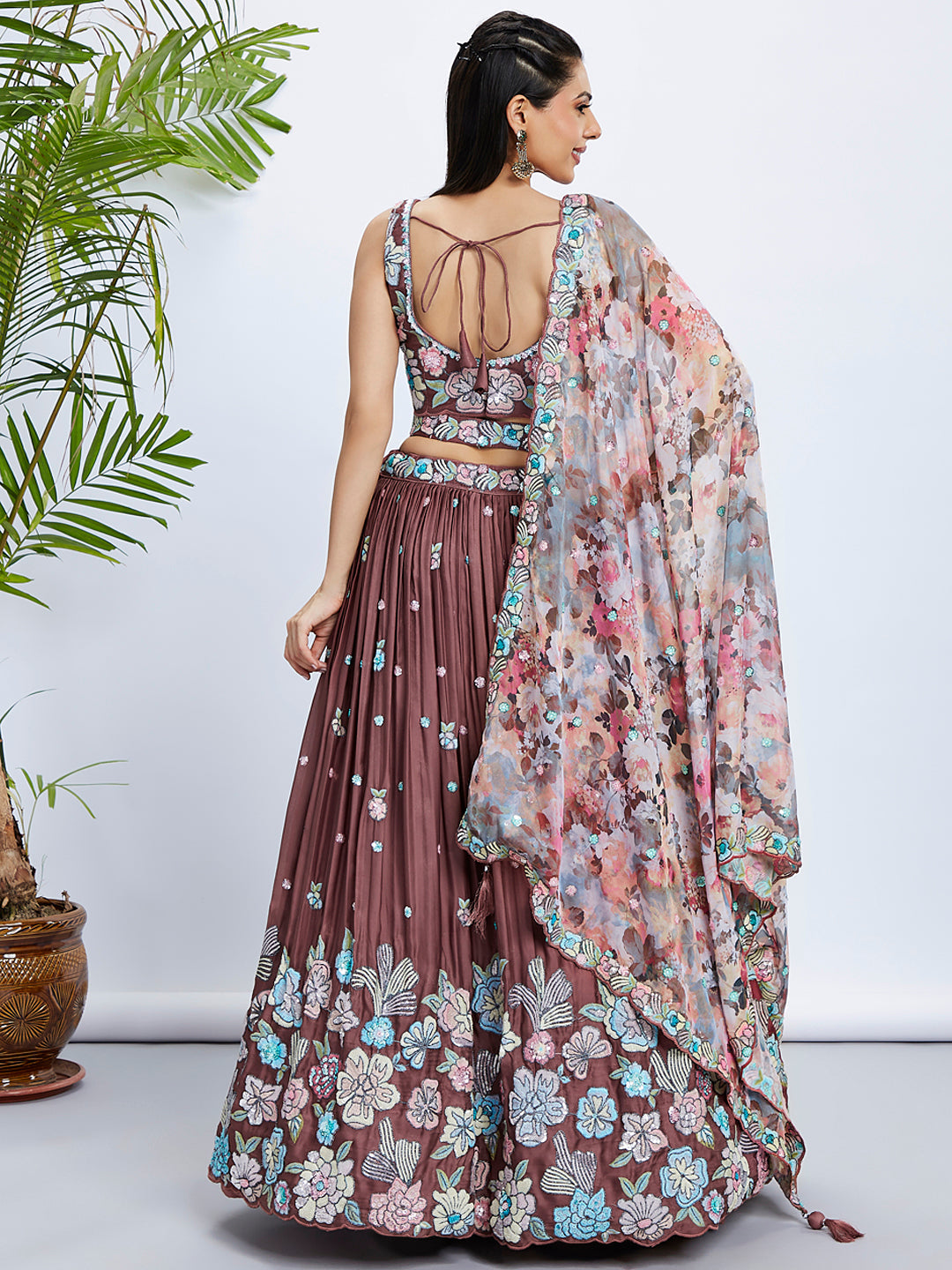 House of Panchhi Rose Gold Pure Georgette Sequins And Thread Embroidery Lehenga Choli & Dupatta | Swadesiicart