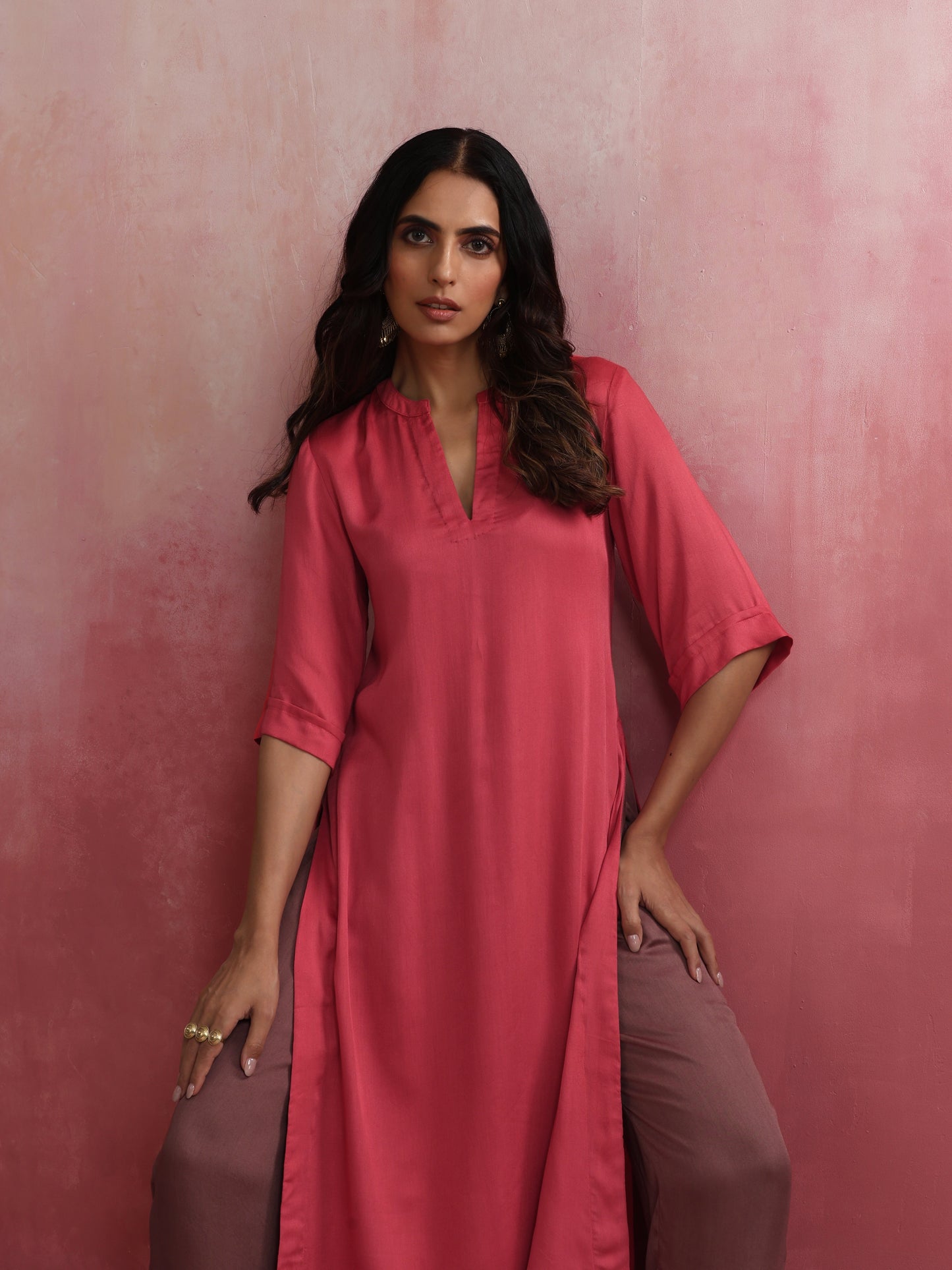 trueBrowns Red Modal Straight Fit Kurta Set | Swadesiicart
