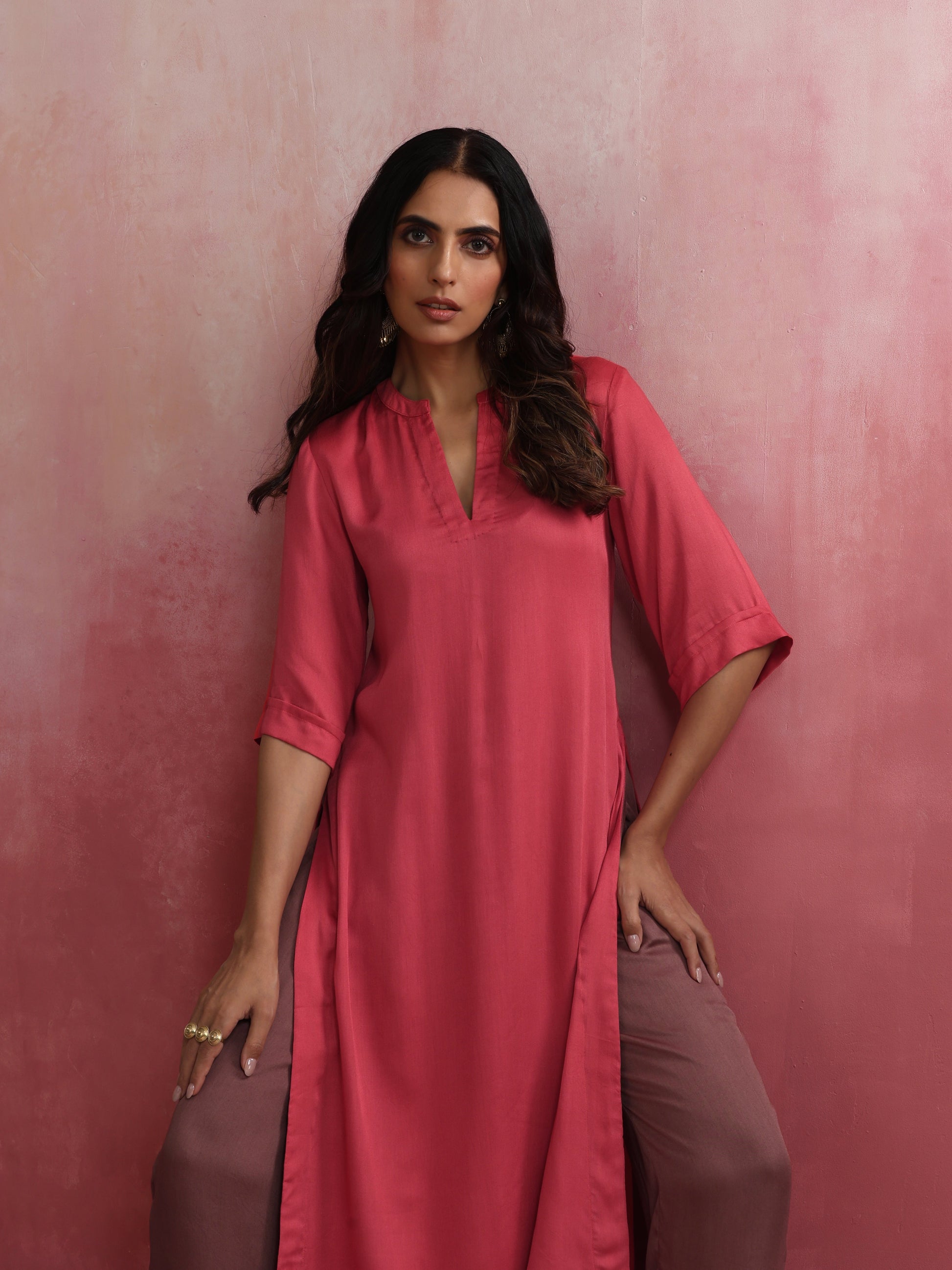 trueBrowns Red Modal Straight Fit Kurta Set | Swadesiicart