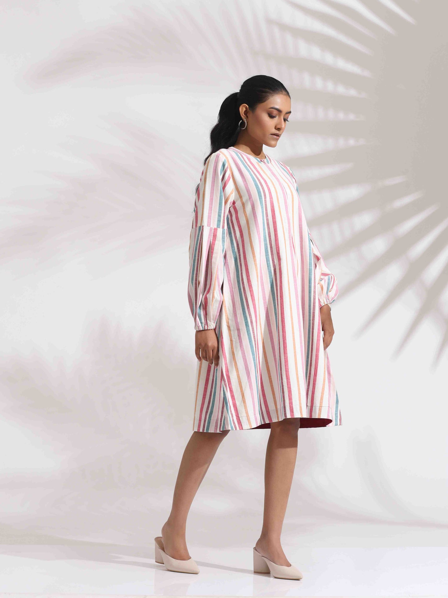 trueBrowns Off-White Cotton Multi Stripe Short Dress | Swadesiicart