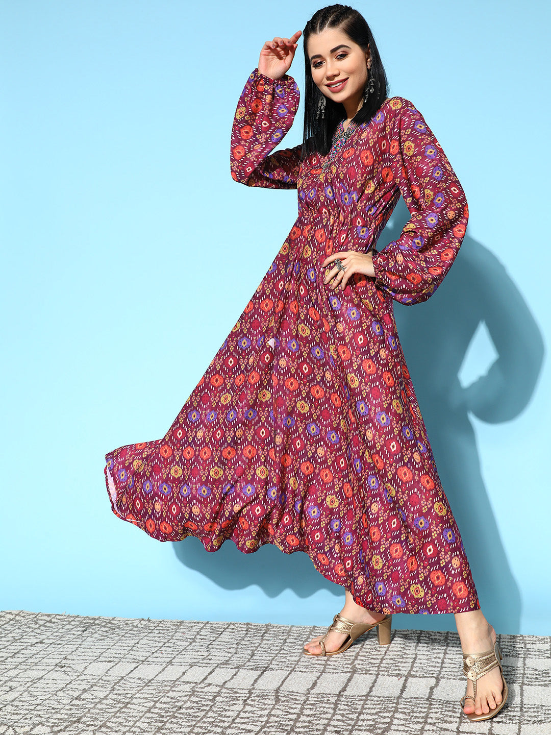 InWeave Women's Wine Edgy Print Dress - Swadesiicart