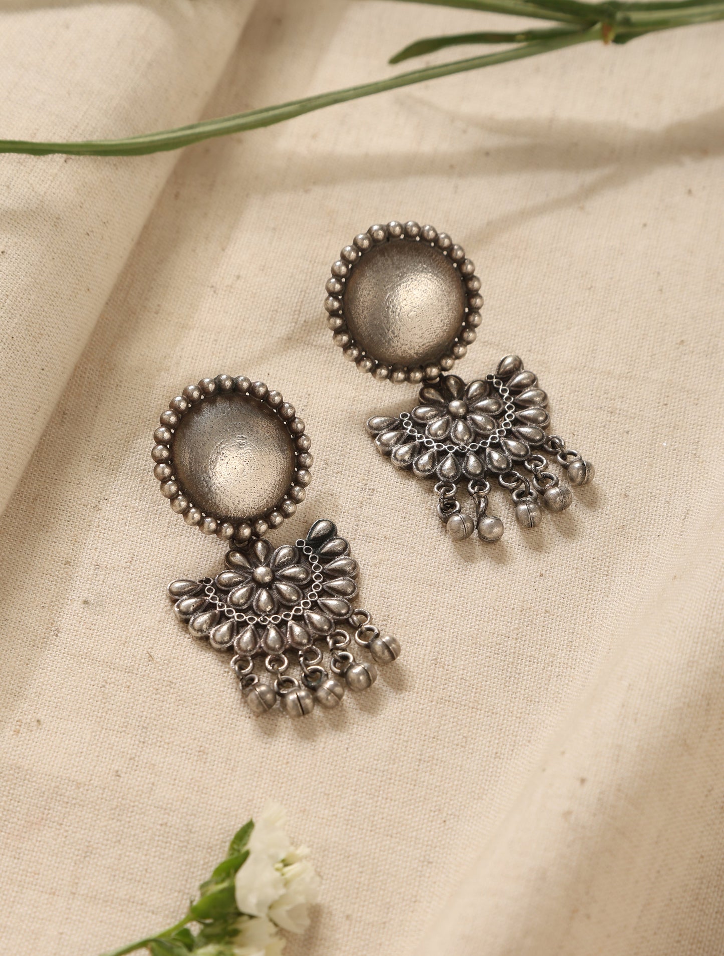 trueBrowns Silver Crescent Floral Earrings | Swadesiicart
