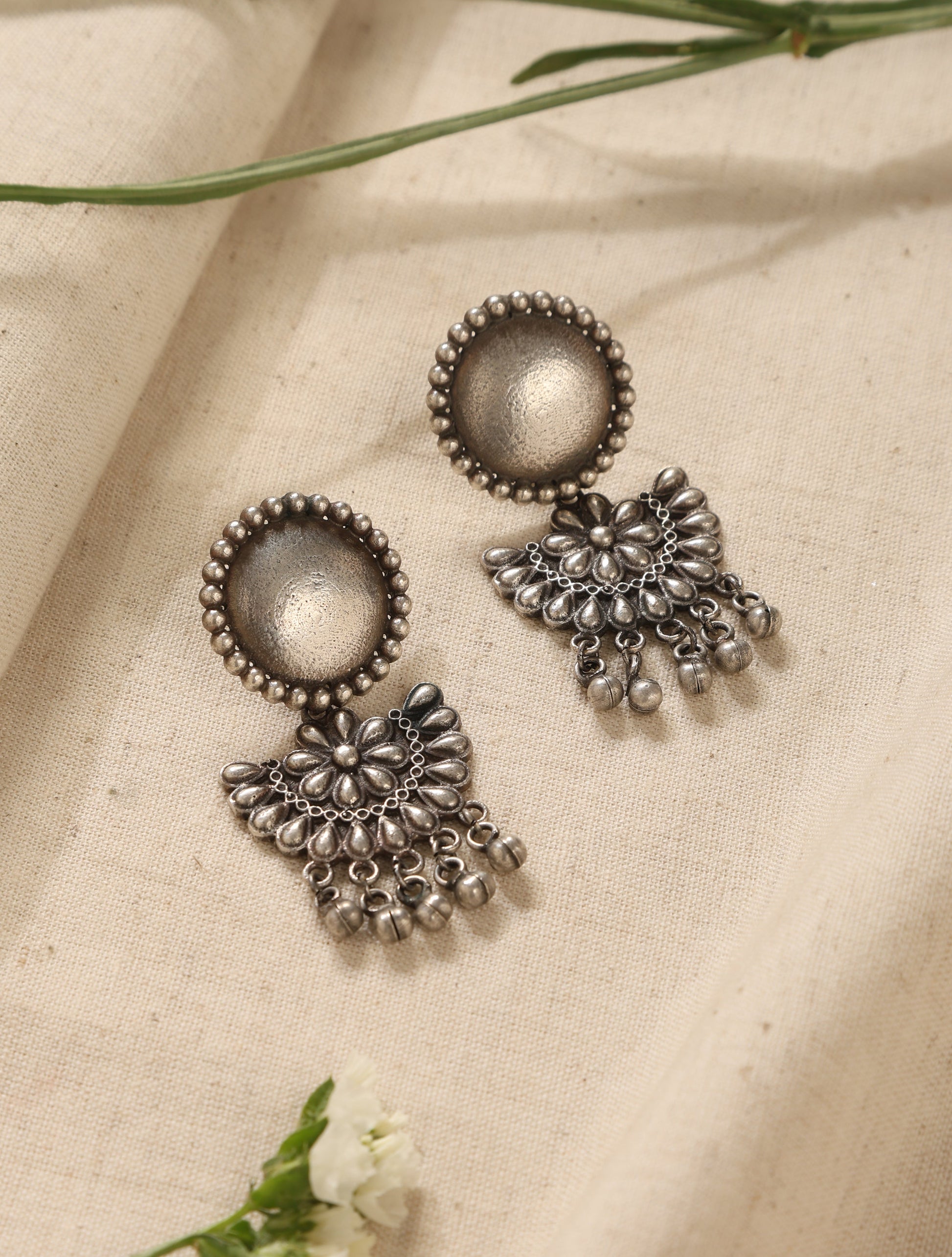 trueBrowns Silver Crescent Floral Earrings | Swadesiicart