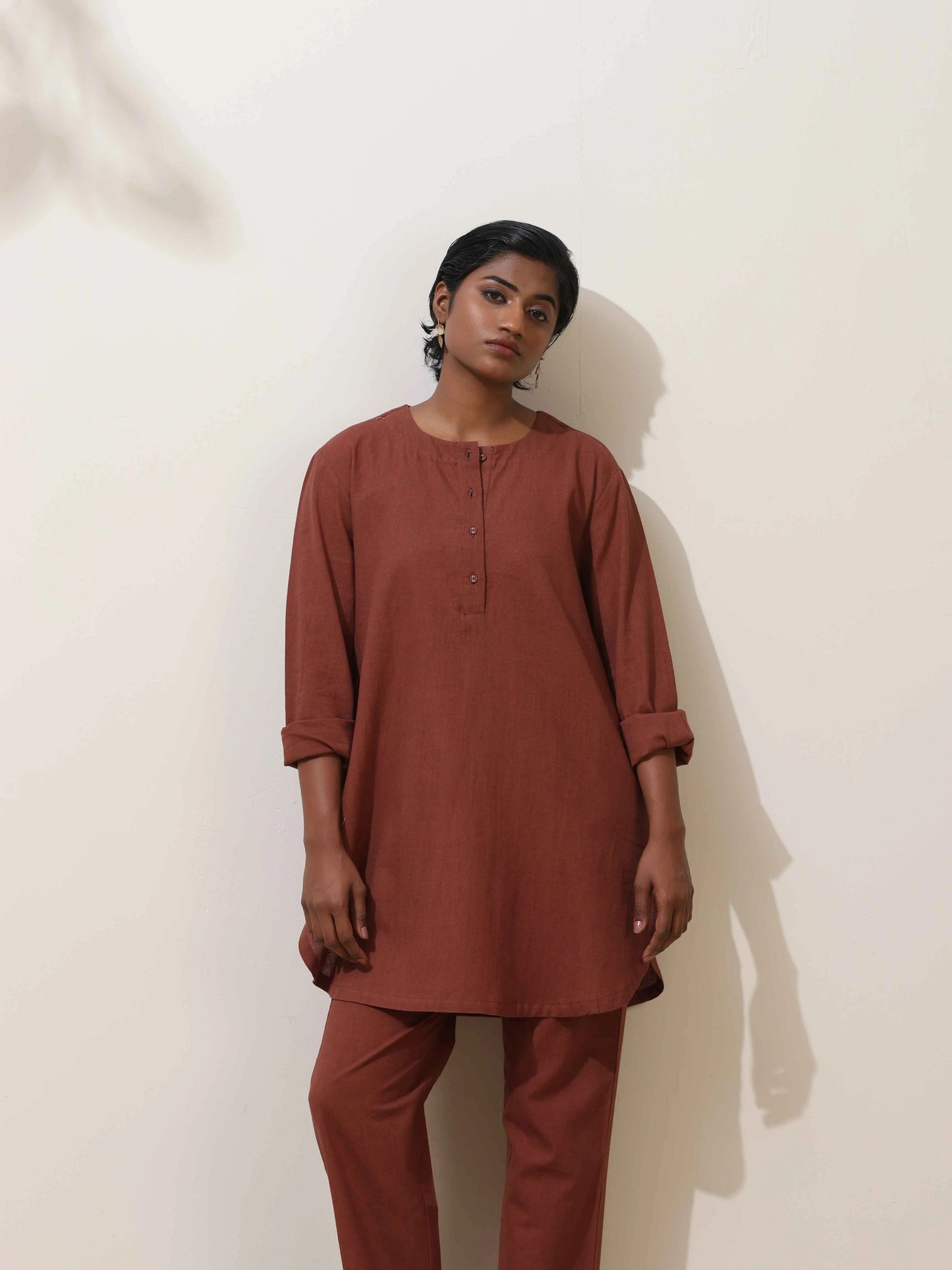trueBrowns Brown Cotton Linen Kurta Co-Ord Set - Swadesiicart