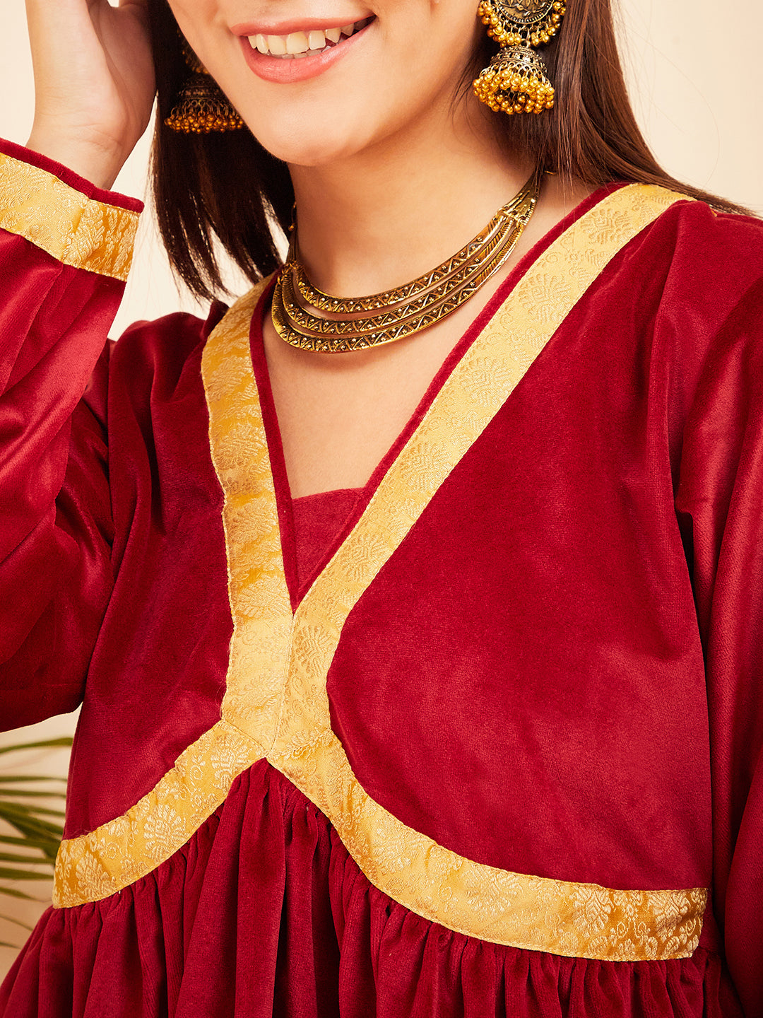 InWeave Women's Barn Red Mughal Shaan Style Velvet Short Kurta Set - Swadesiicart