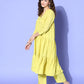 InWeave Women's Lime Green Flared Kurta Set With Green Organza Dupatta - Swadesiicart