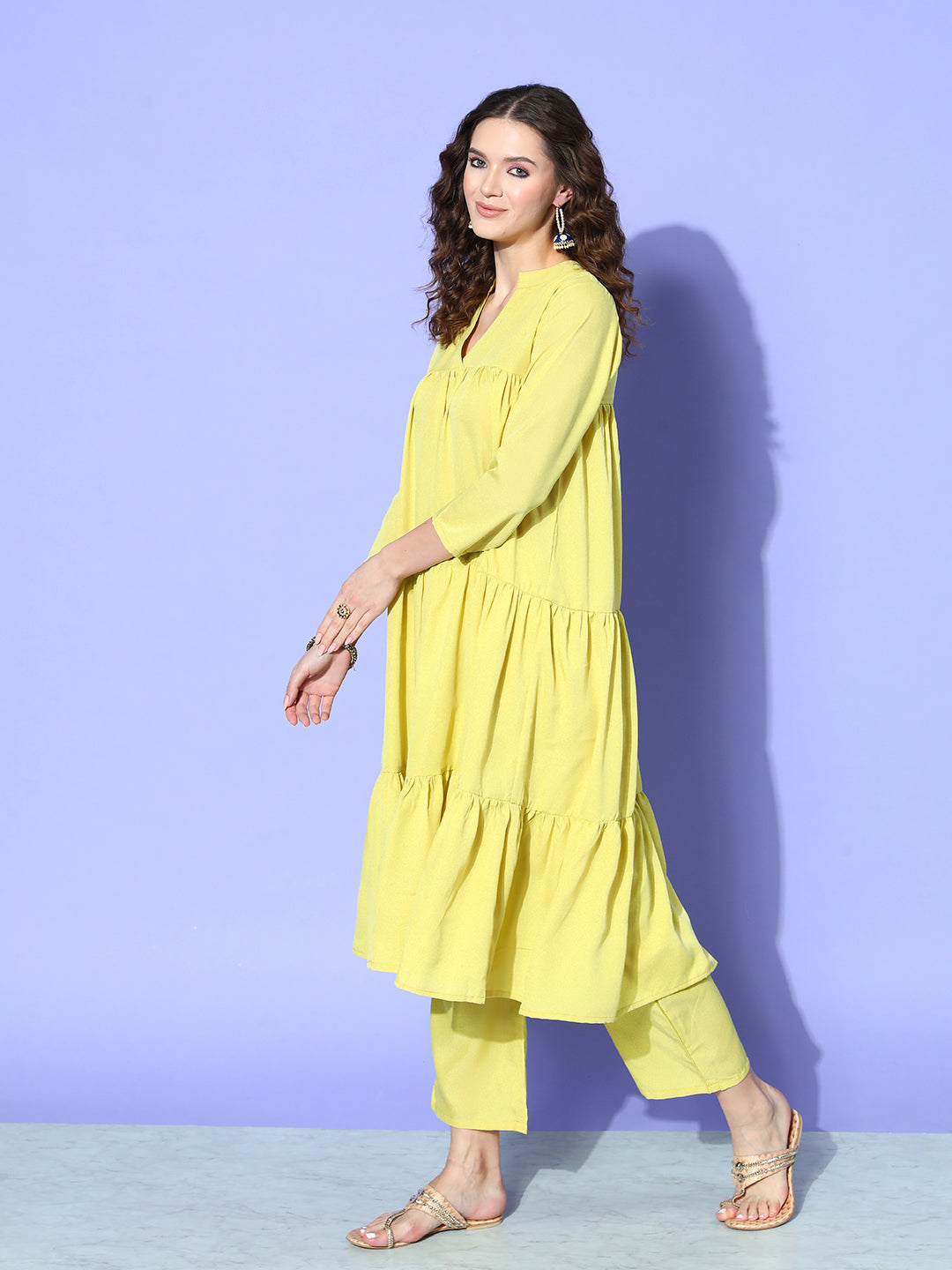 InWeave Women's Lime Green Flared Kurta Set With Green Organza Dupatta - Swadesiicart