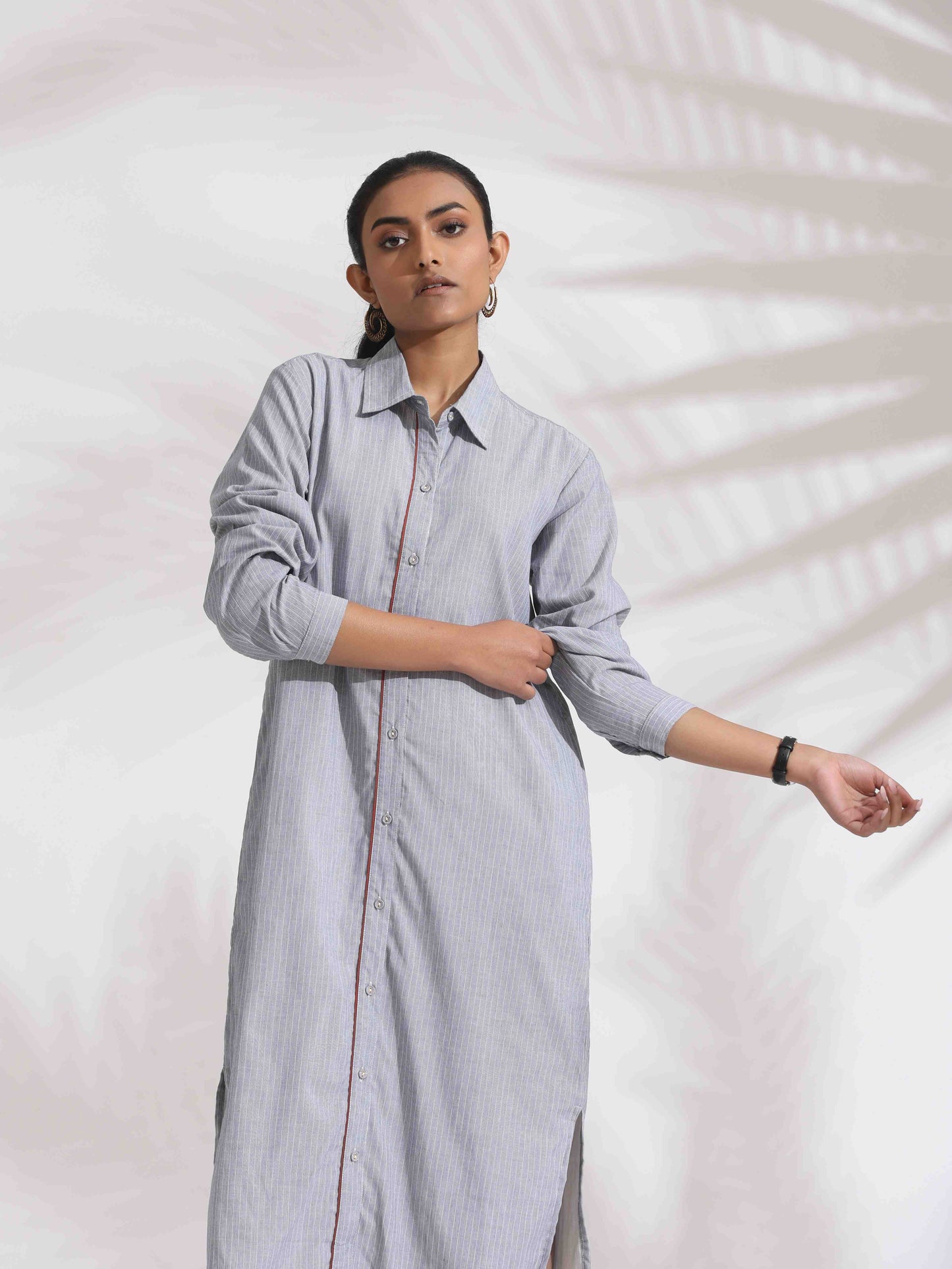 trueBrowns Grey Stripe Cotton Shirt Dress | Swadesiicart
