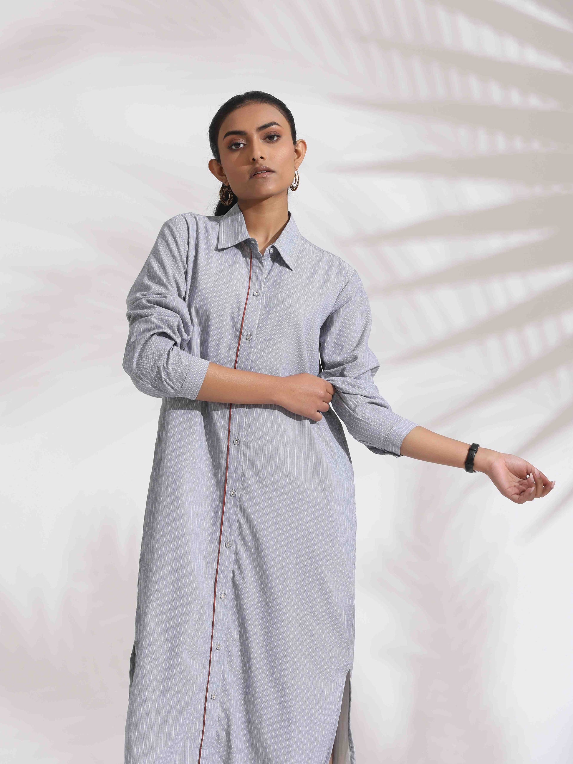 trueBrowns Grey Stripe Cotton Shirt Dress | Swadesiicart