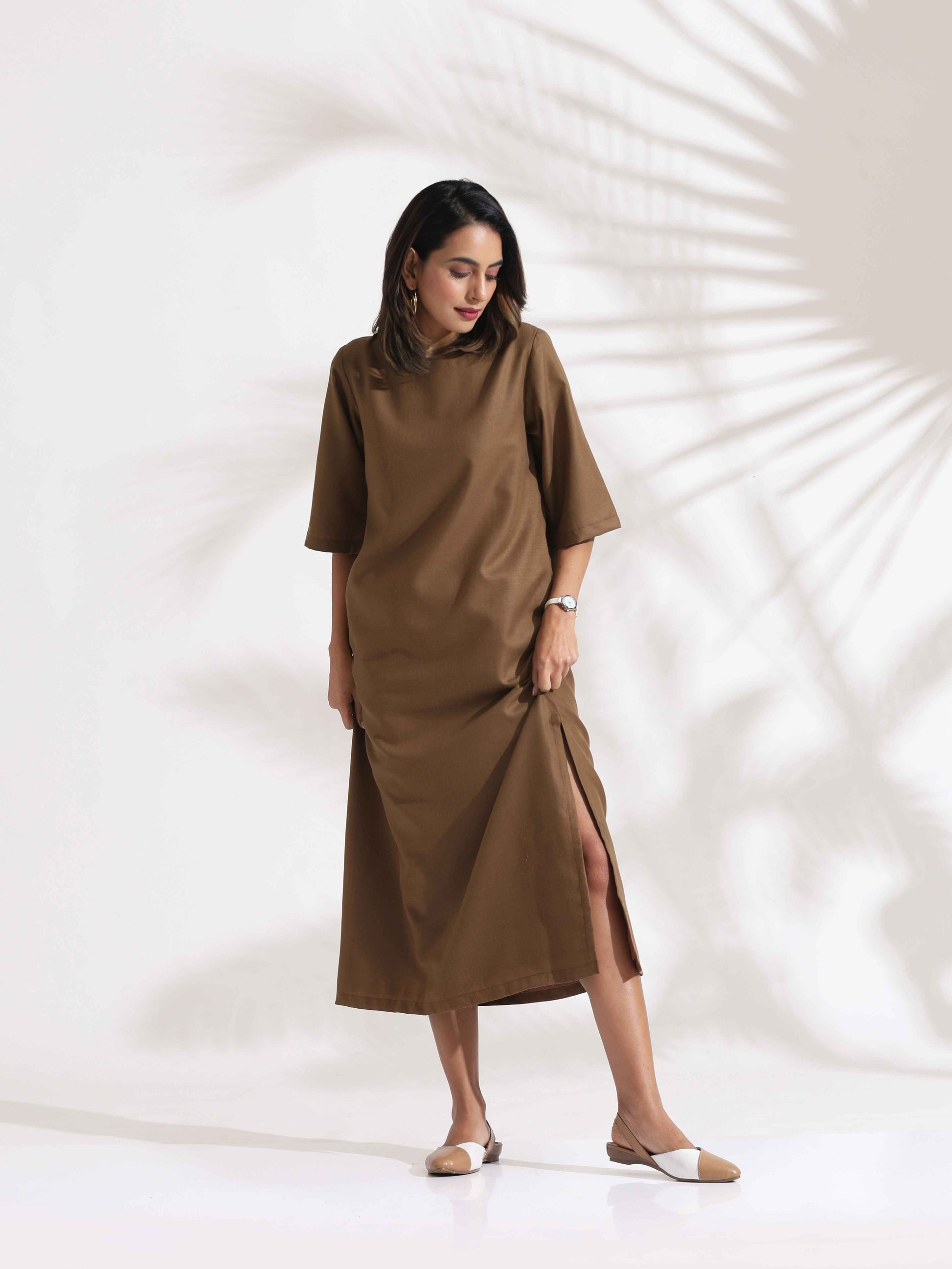 trueBrowns Brown Slub Dress | Swadesiicart