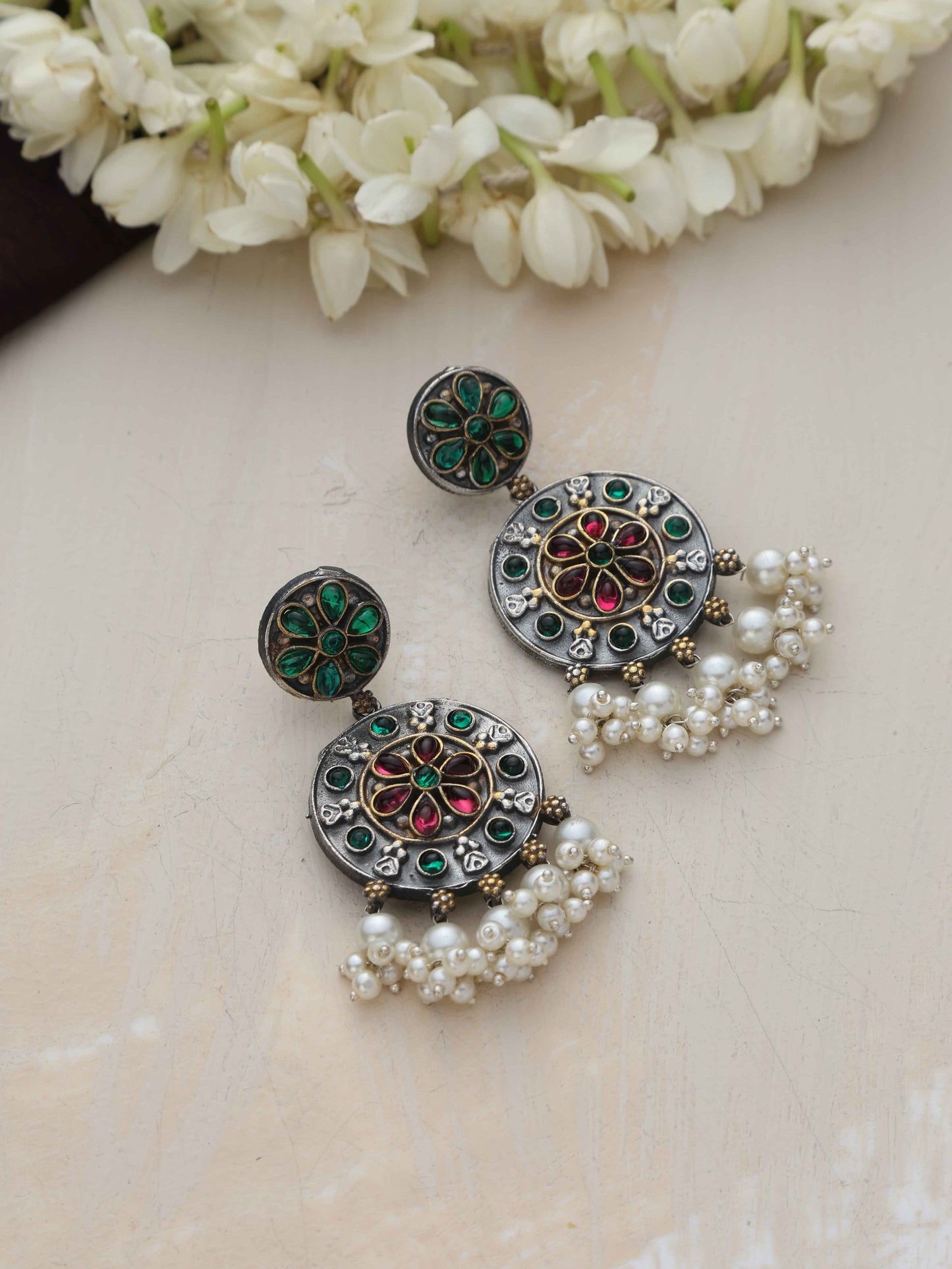 trueBrowns Silver Gold Tone Circular Stone Earrings - Swadesiicart