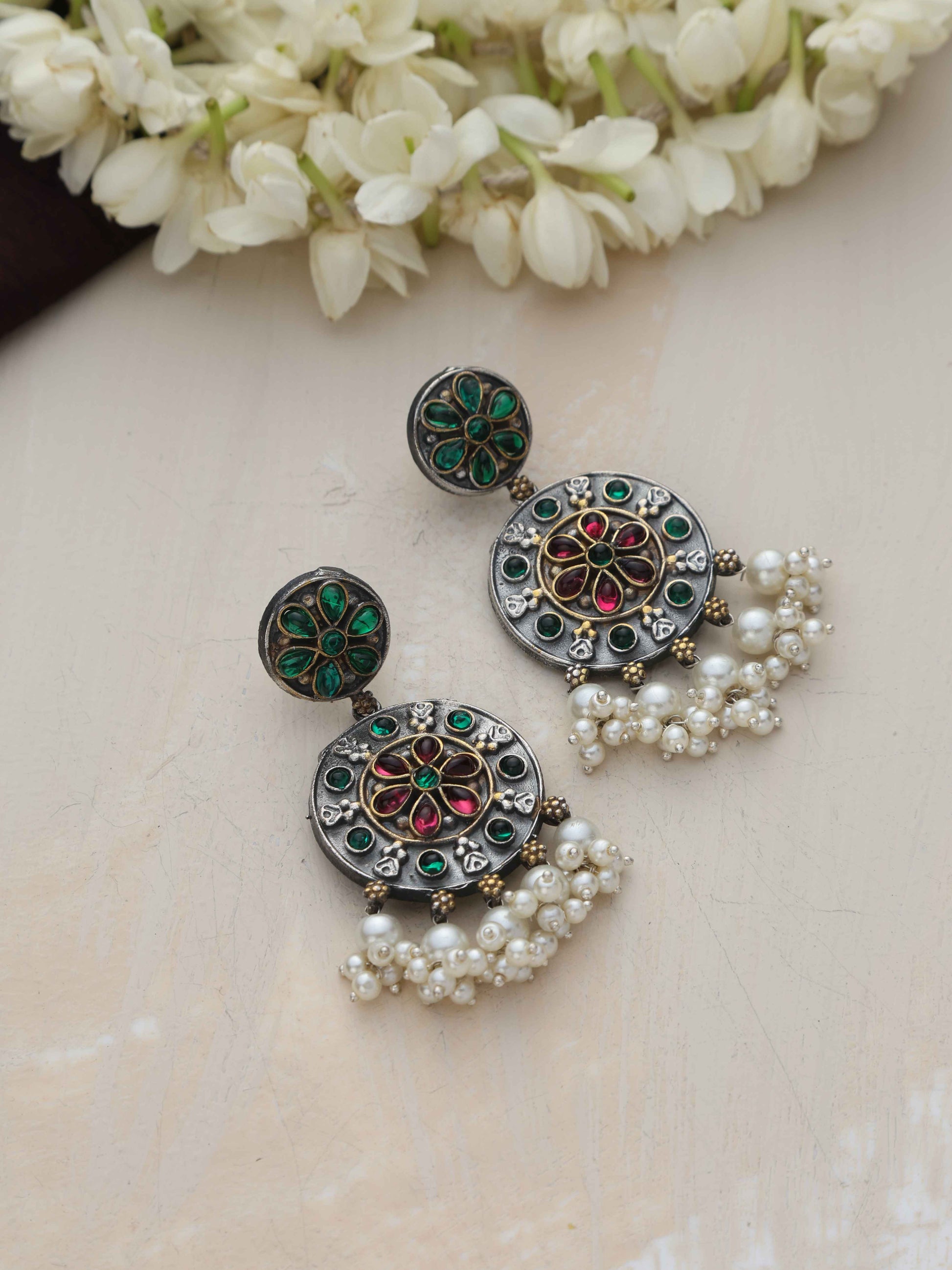 trueBrowns Silver Gold Tone Circular Stone Earrings - Swadesiicart