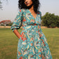 trueBrowns Teal Cotton Block Print Wrap Dress | Swadesiicart