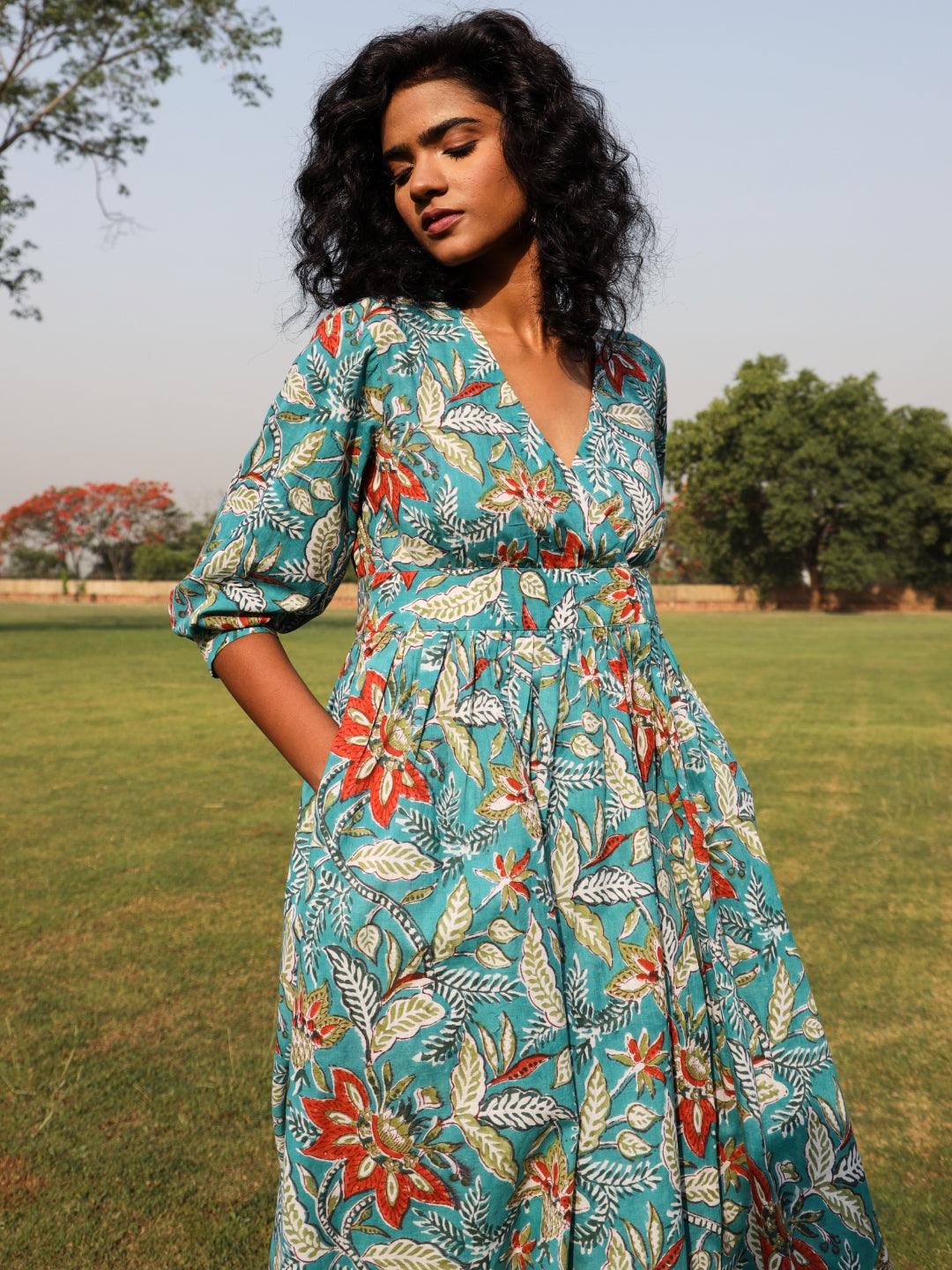 trueBrowns Teal Cotton Block Print Wrap Dress | Swadesiicart