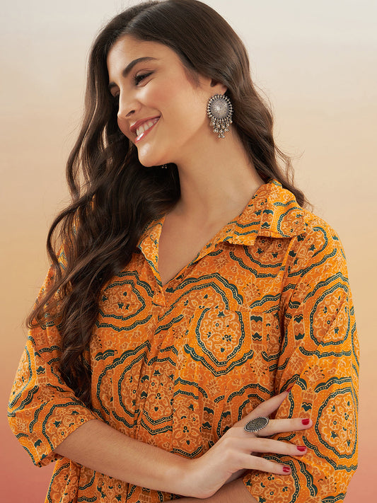 InWeave Women's Haldi Yellow Mughal Kalamkari Flared Dress - Swadesiicart