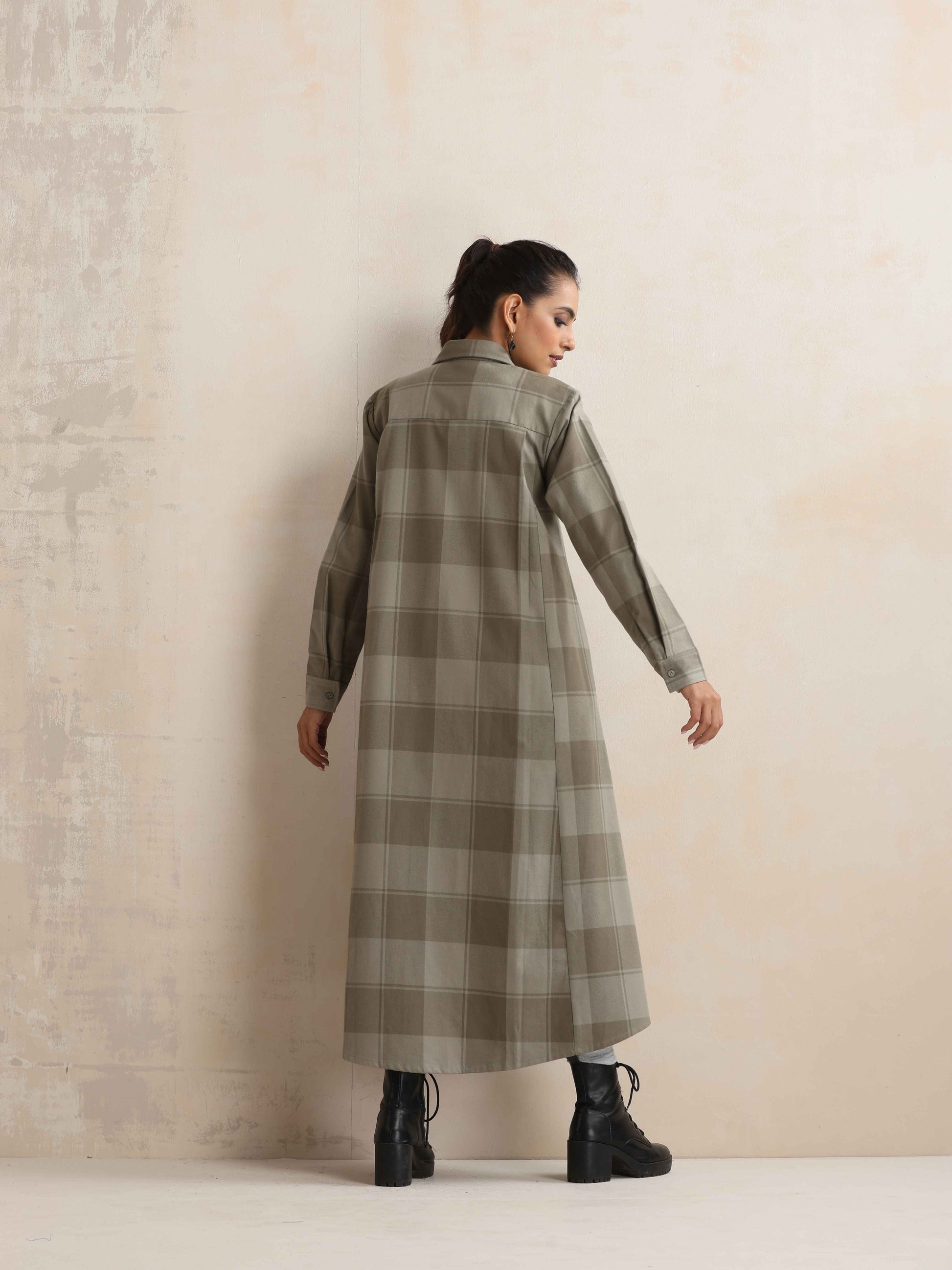 trueBrowns Green Check Flared Winter Dress | Swadesiicart