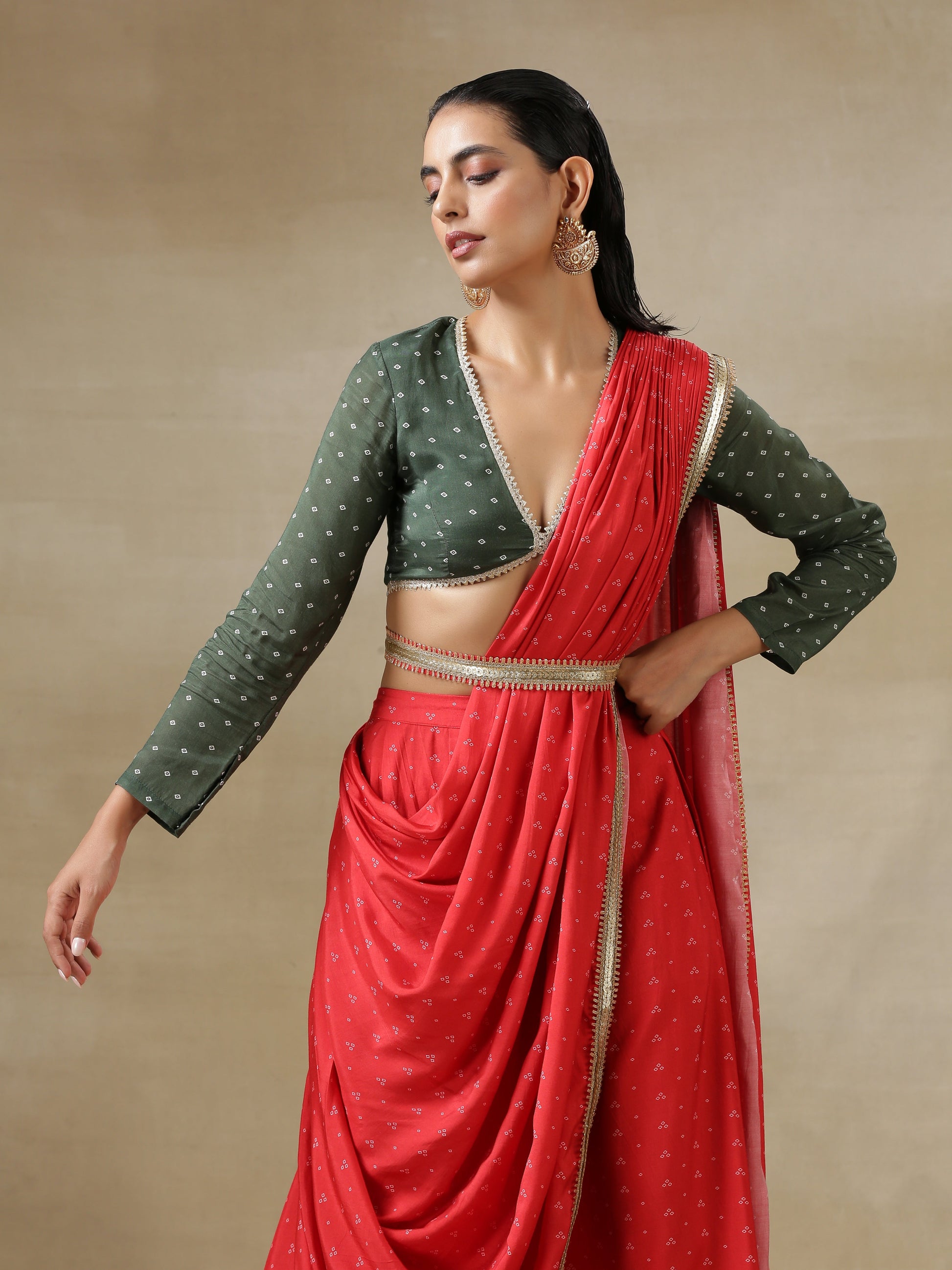 trueBrowns Red Bandhani Printed Silk Skirt Stitched Saree with Belt | Swadesiicart