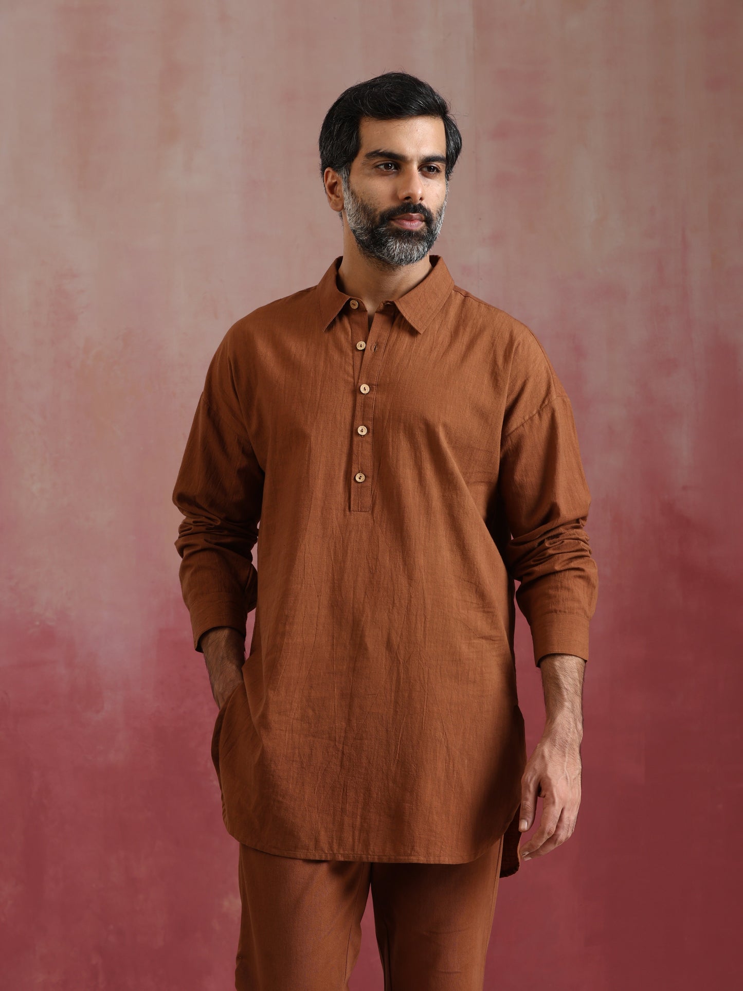 trueBrowns Men's Brown Cotton Shirt Collar Stylized Kurta Co-ord set - Swadesiicart