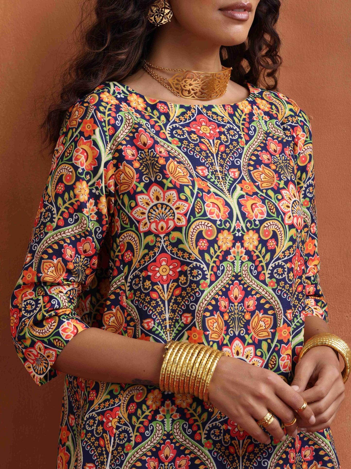 trueBrowns Blue Print A-line Kurta Set | Swadesiicart