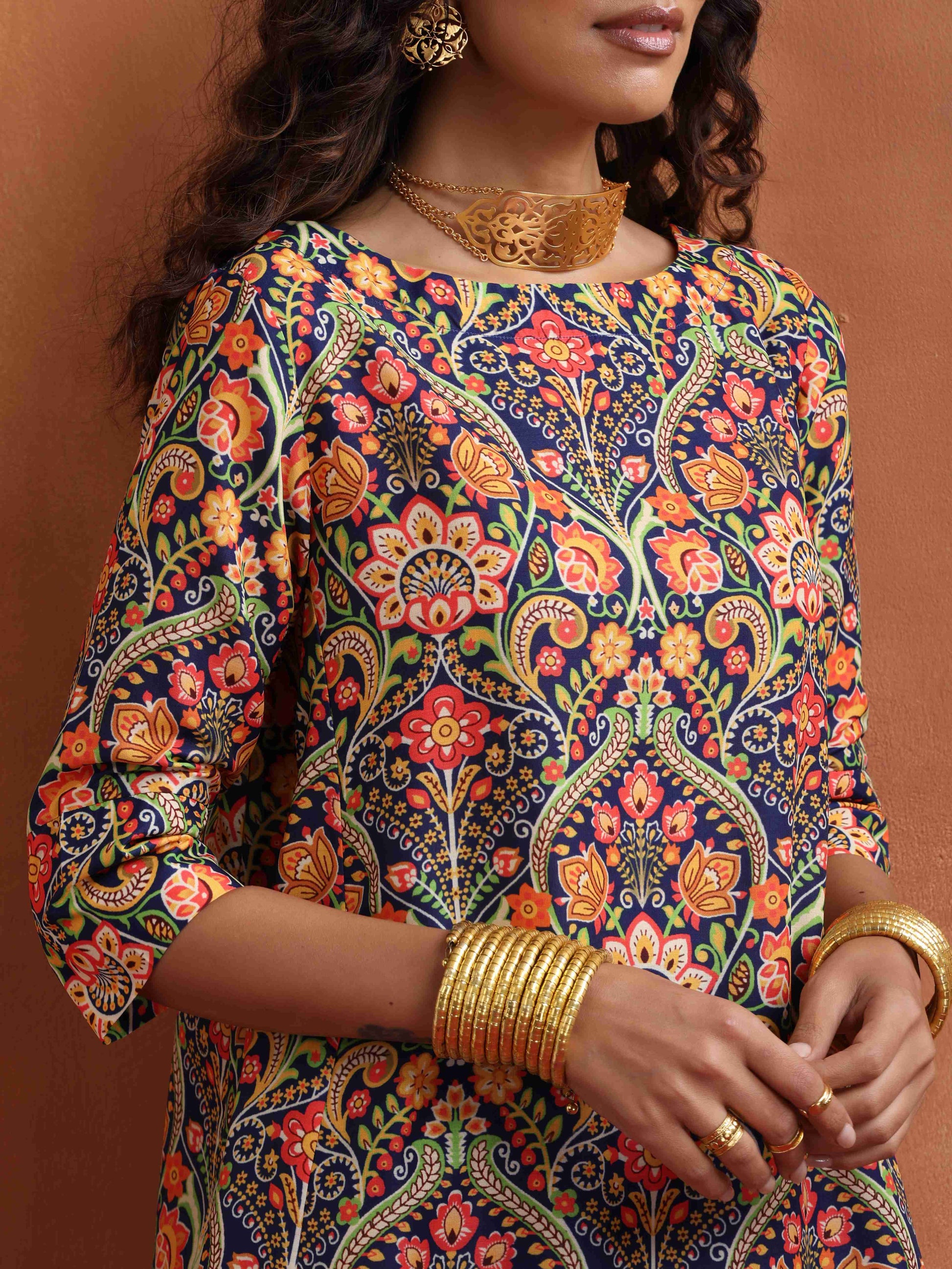 trueBrowns Blue Print A-line Kurta Set | Swadesiicart