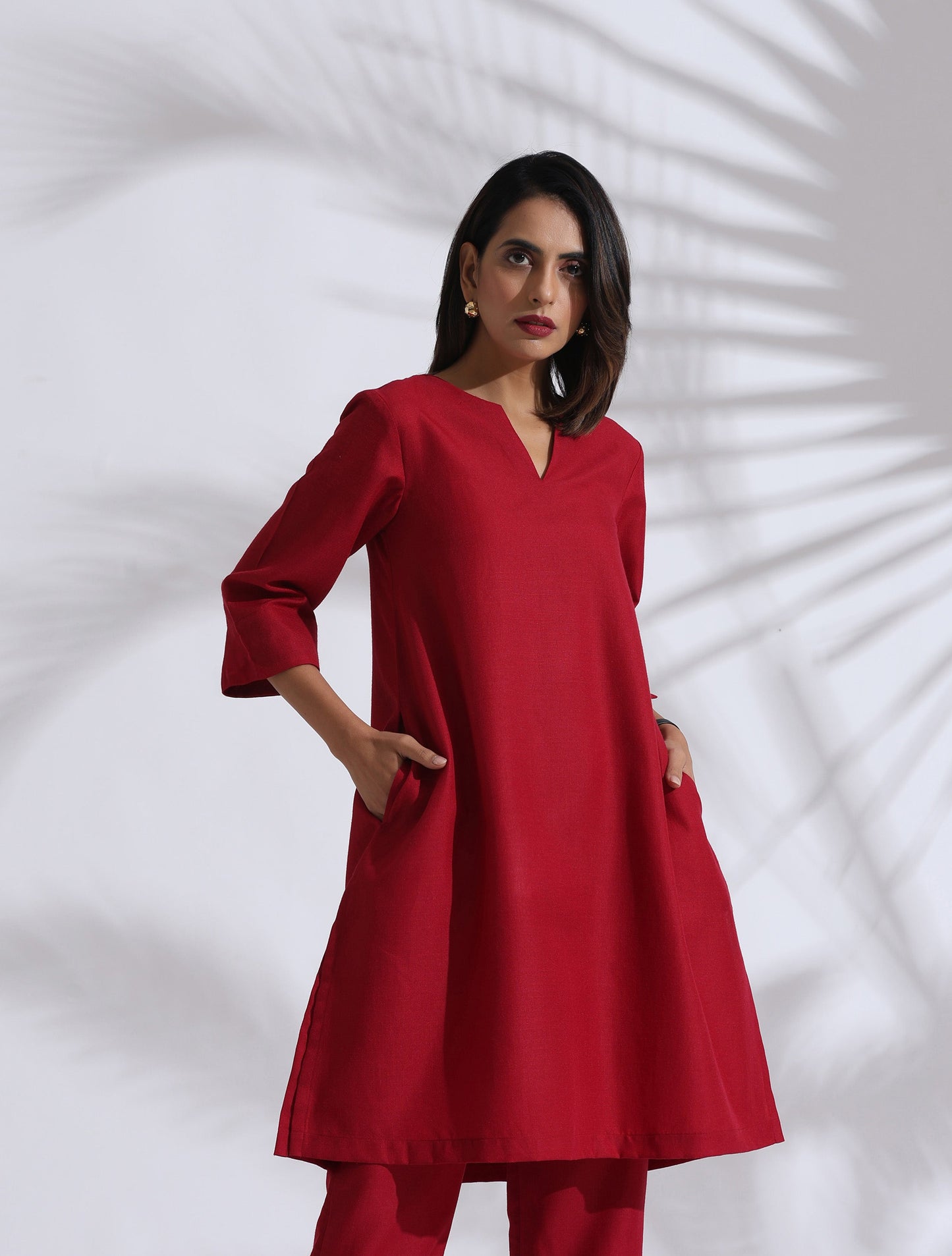 trueBrowns Maroon Slub Kurta Co-ord Set - Swadesiicart