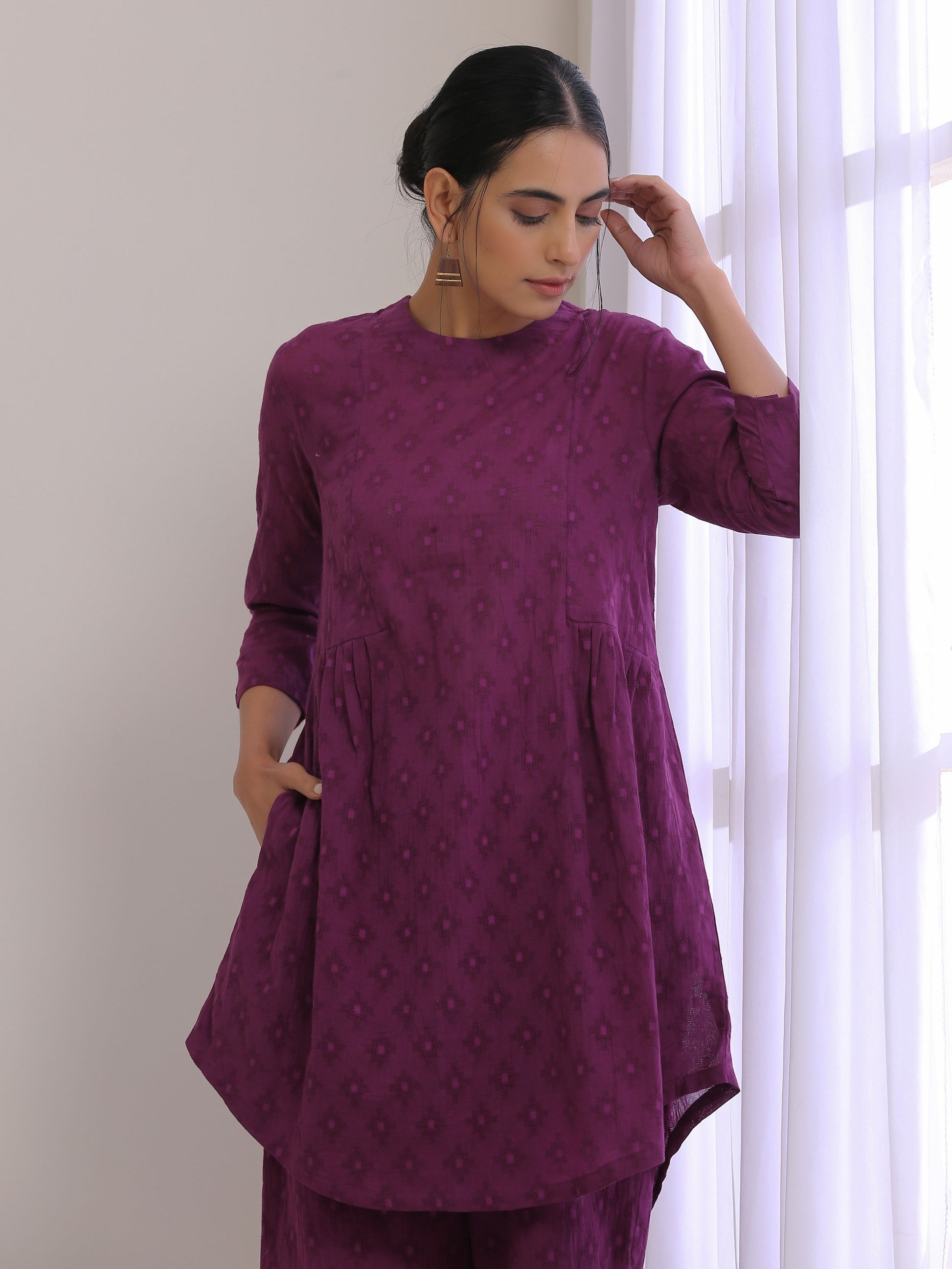 trueBrowns Plum Purple Dobby Gathers Co-Ord Set - Swadesiicart