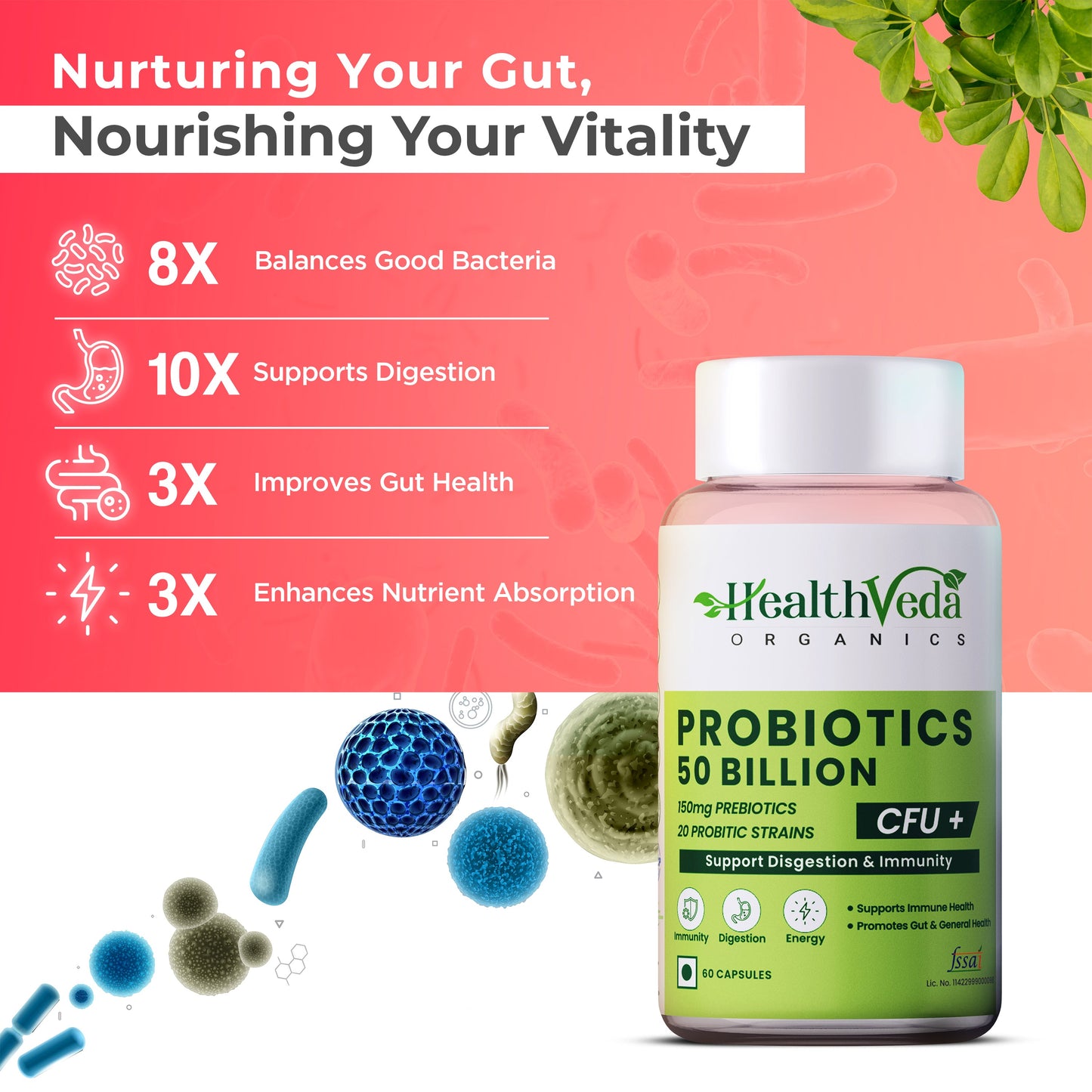 Health Veda Organics Probiotics 50 Billion Veg Capsules - Swadesiicart