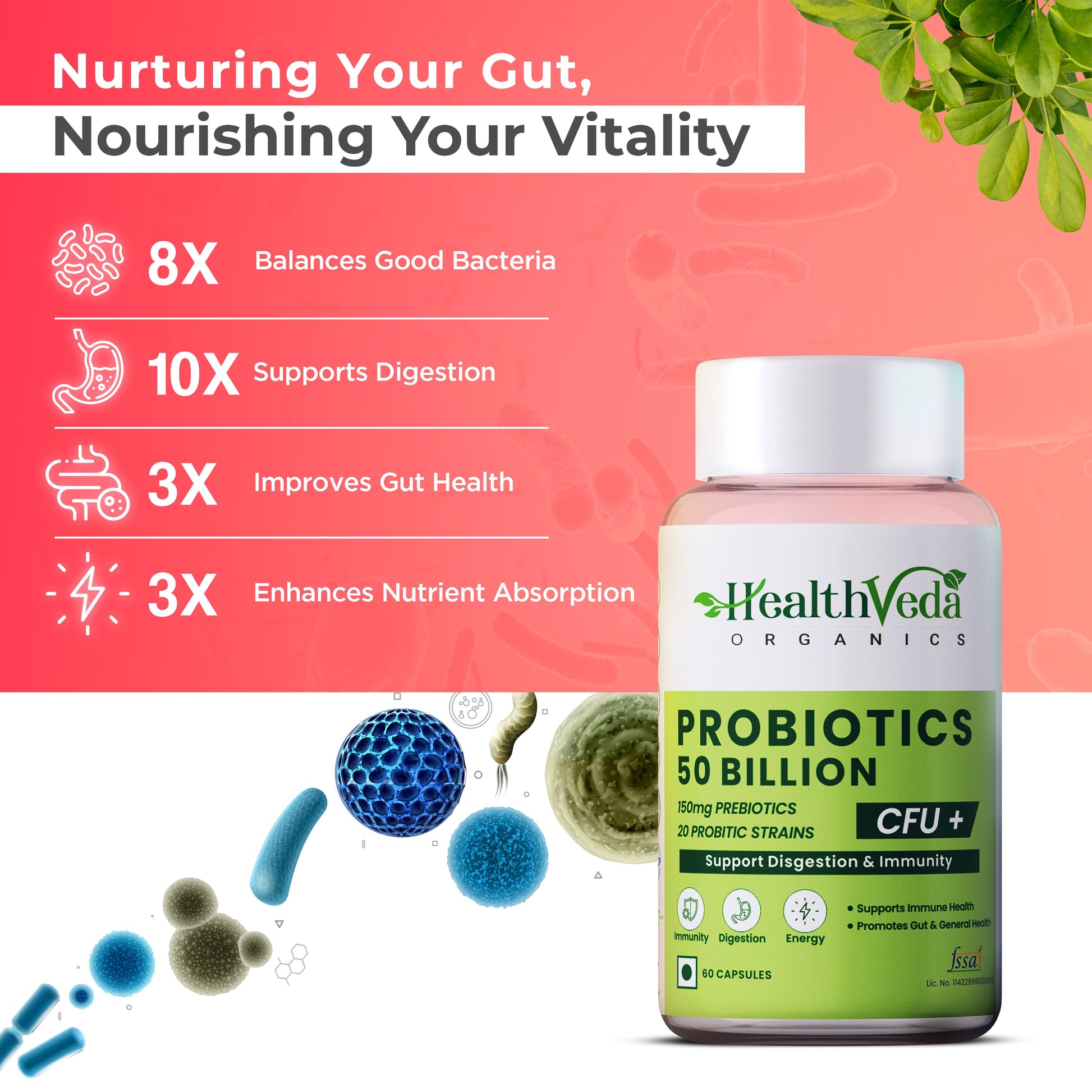 Health Veda Organics Probiotics 50 Billion Veg Capsules - Swadesiicart