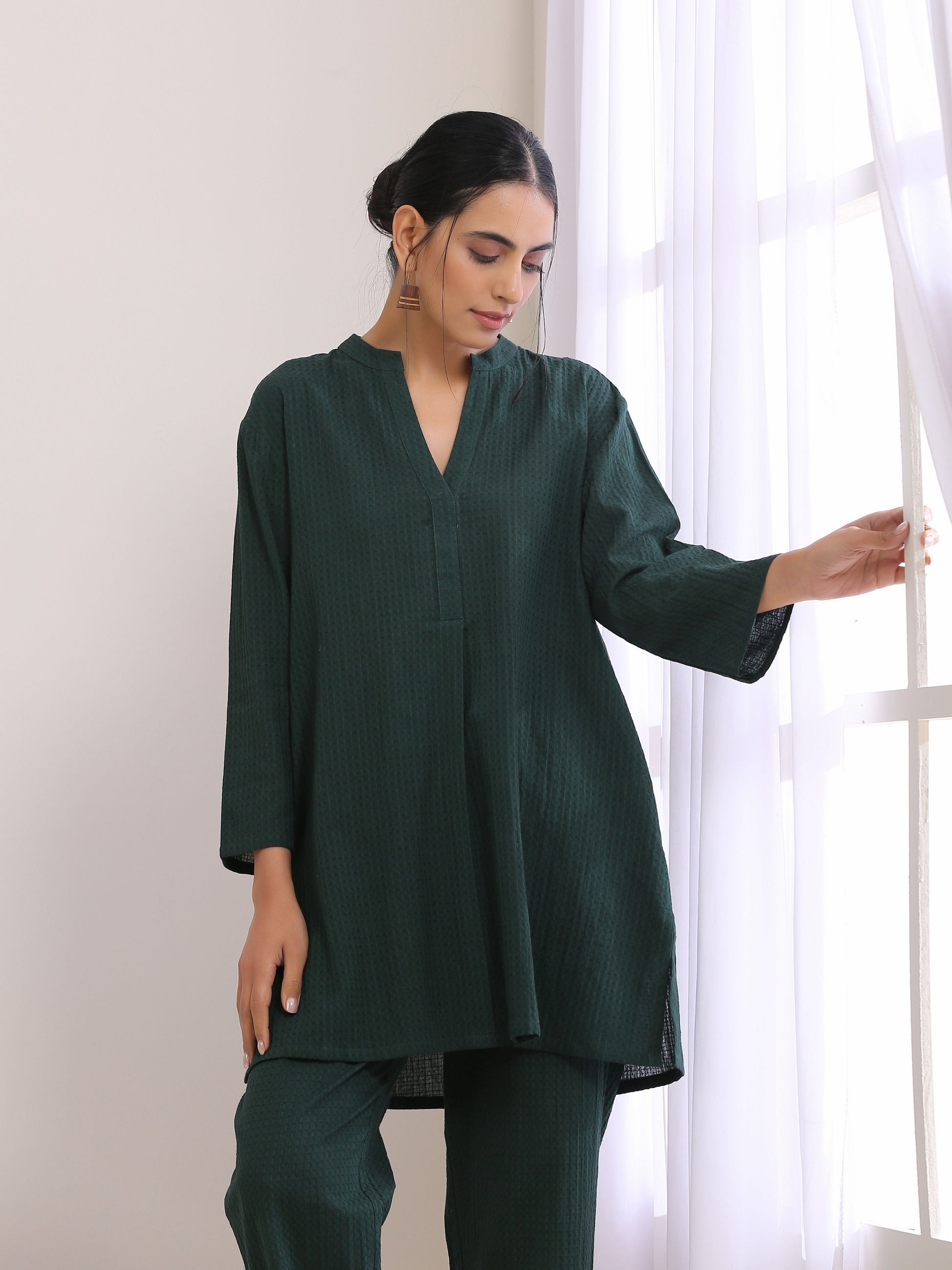 trueBrowns Dark Green Dobby Relaxed Fit Co-Ord Set - Swadesiicart