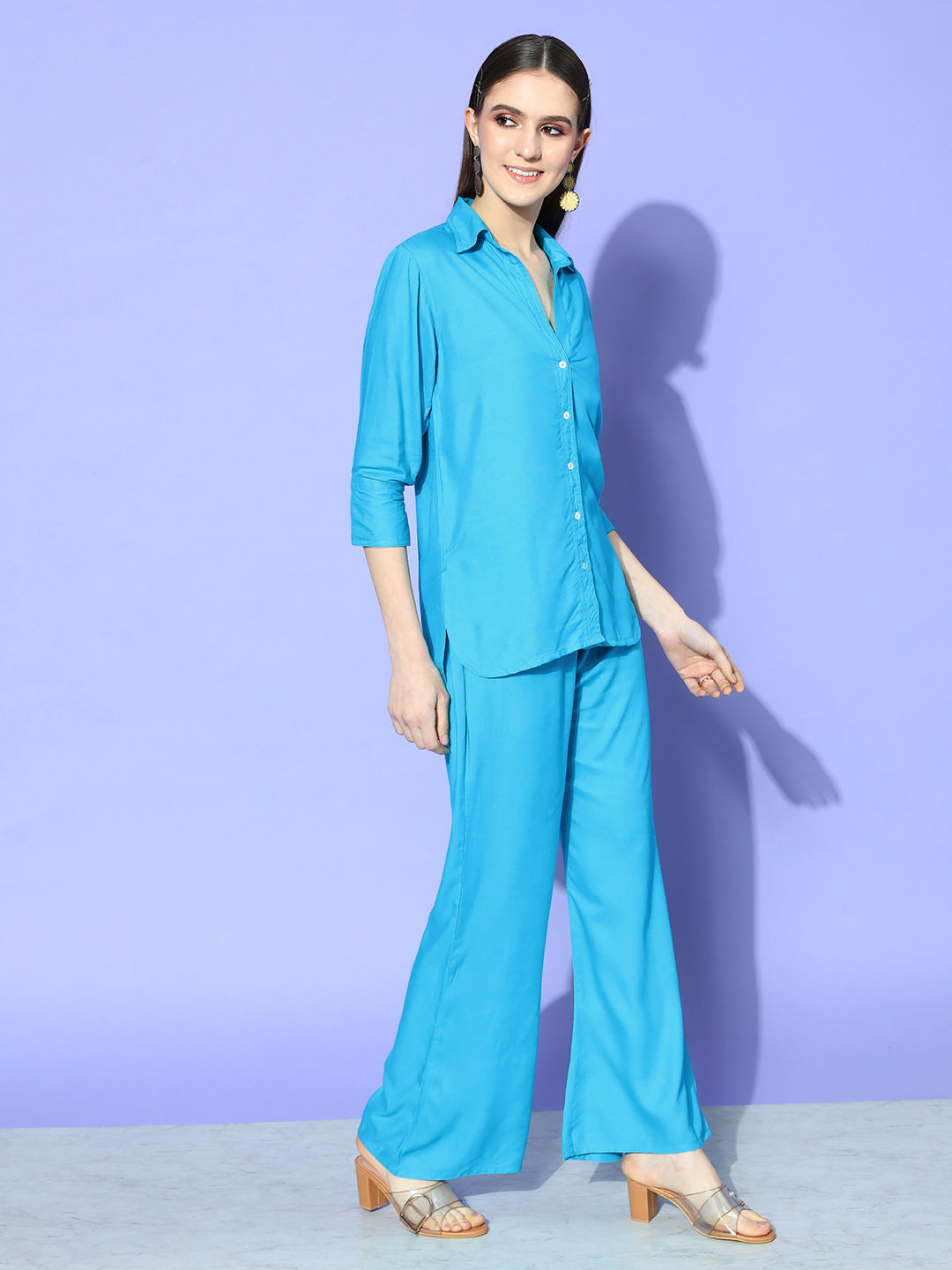 InWeave Women's Aqua Blue Coord Set With White Butterfly Scarf - Swadesiicart