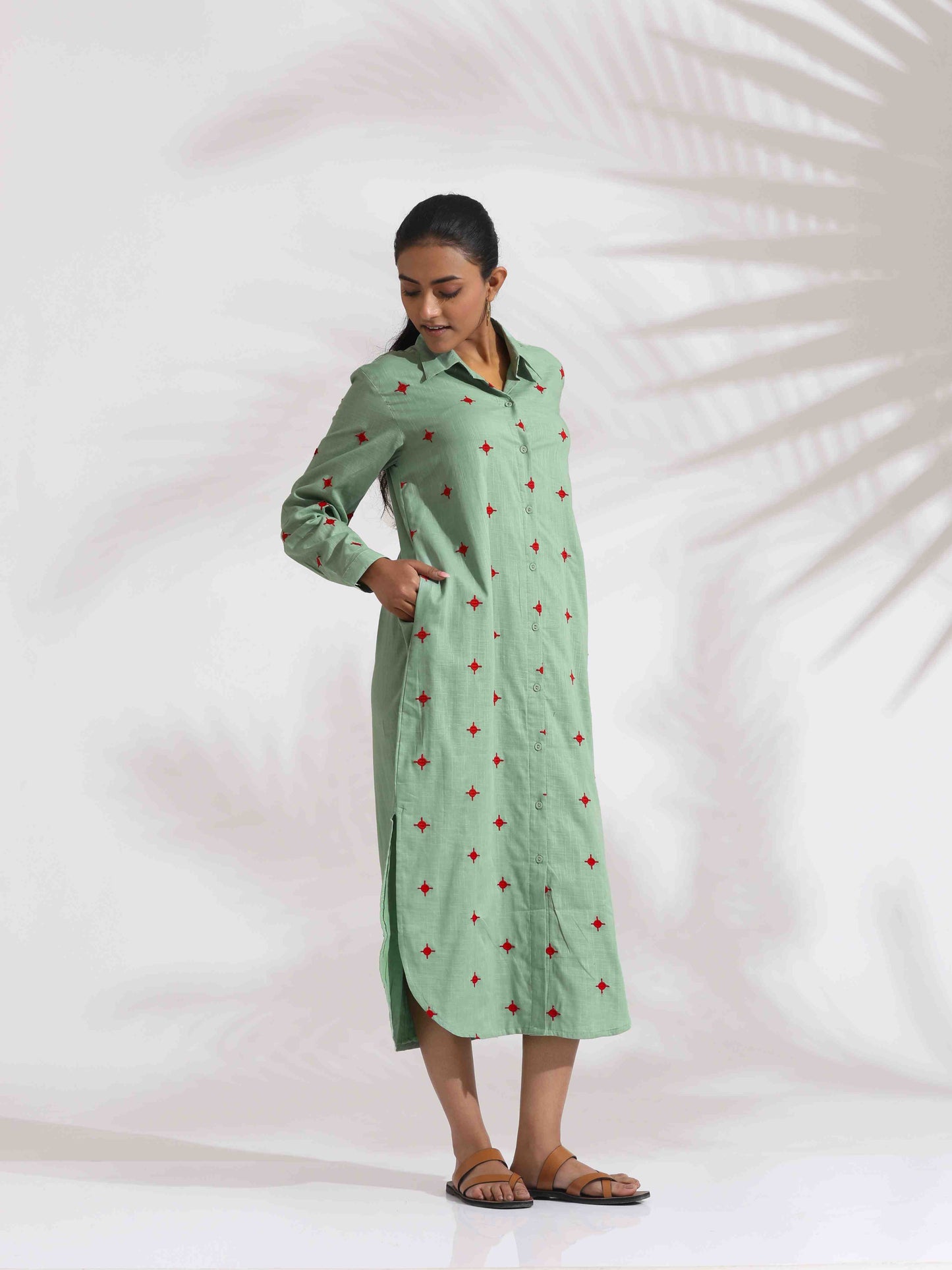 trueBrowns Green Cotton Embroidered Shirt Dress | Swadesiicart