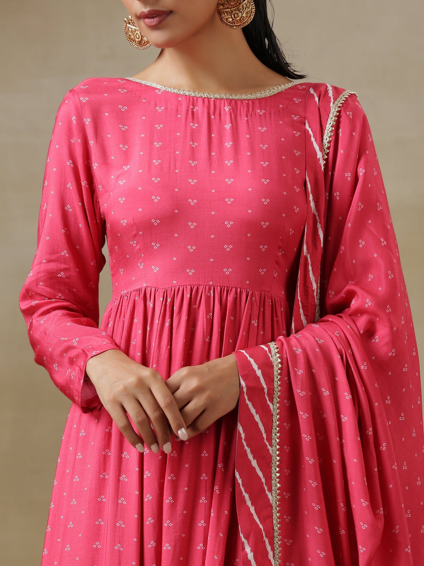 trueBrowns Pink Bandhani Printed Silk Anarkali Kurta Pant Dupatta Set | Swadesiicart