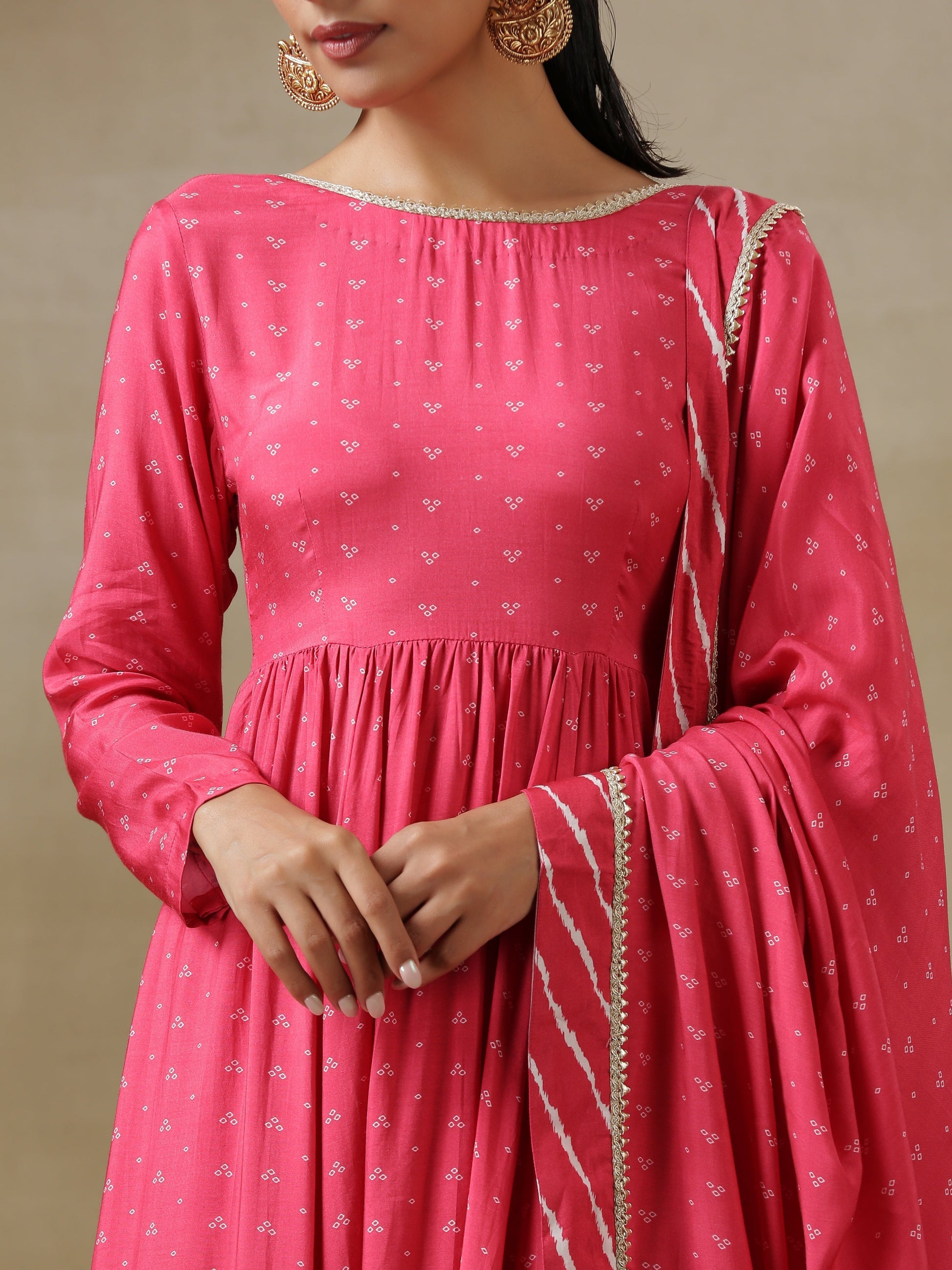 trueBrowns Pink Bandhani Printed Silk Anarkali Kurta Pant Dupatta Set | Swadesiicart