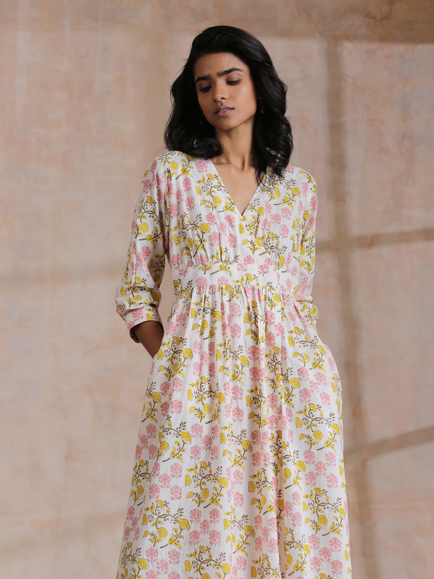 trueBrowns Pink Yellow Floral On White Block Print Cotton Wrap Dress | Swadesiicart