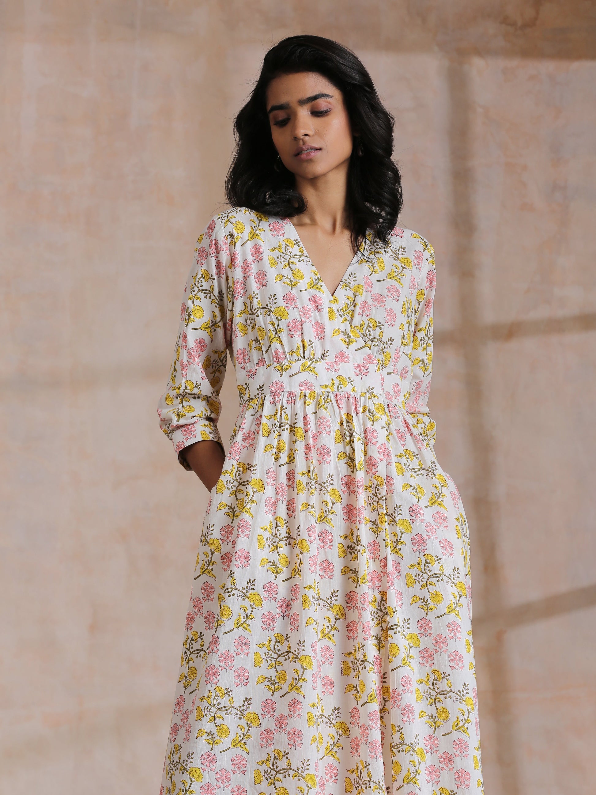 trueBrowns Pink Yellow Floral On White Block Print Cotton Wrap Dress | Swadesiicart