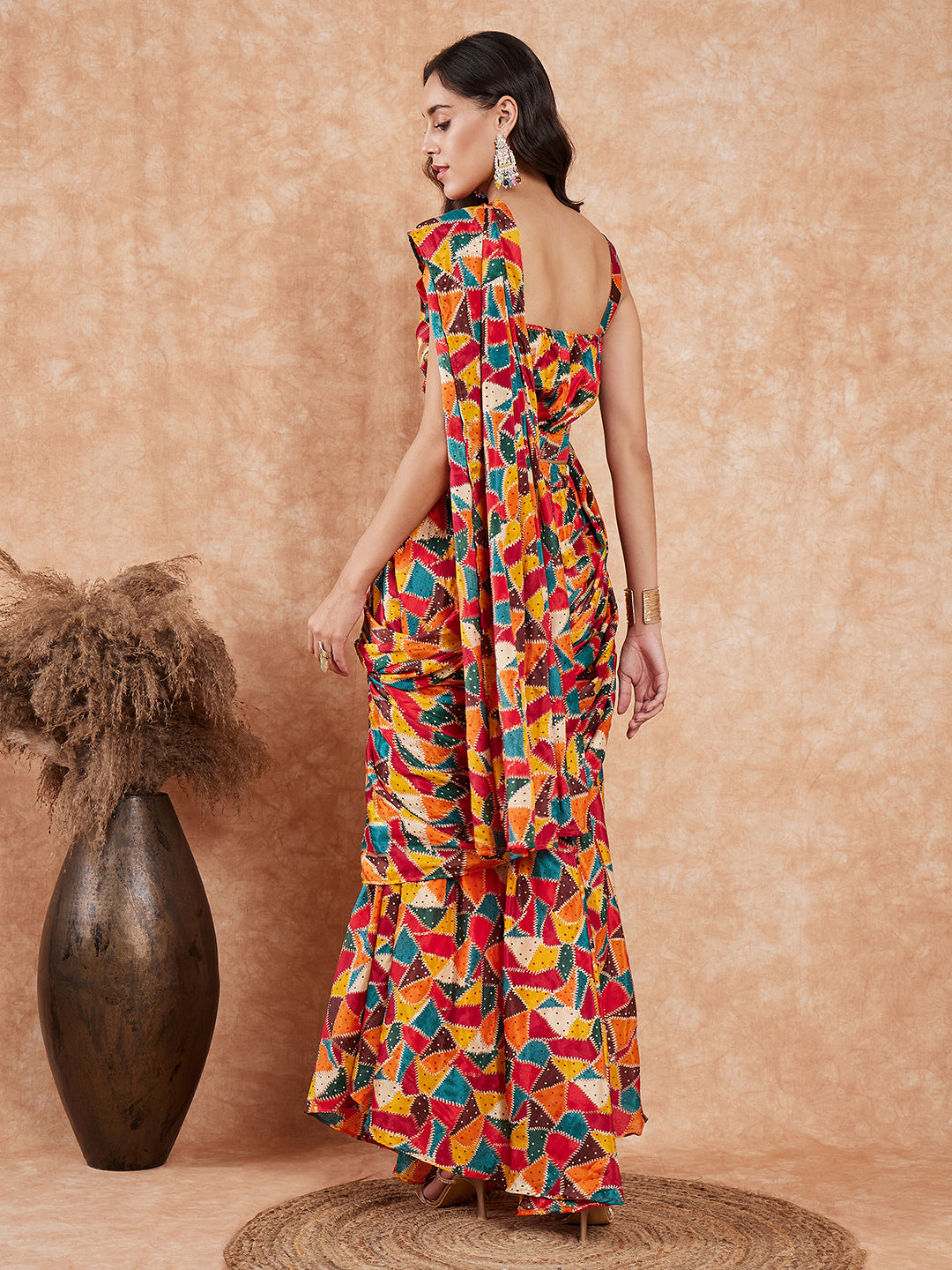 InWeave Women's Multi Color Trangle Skirt Saree - Swadesiicart