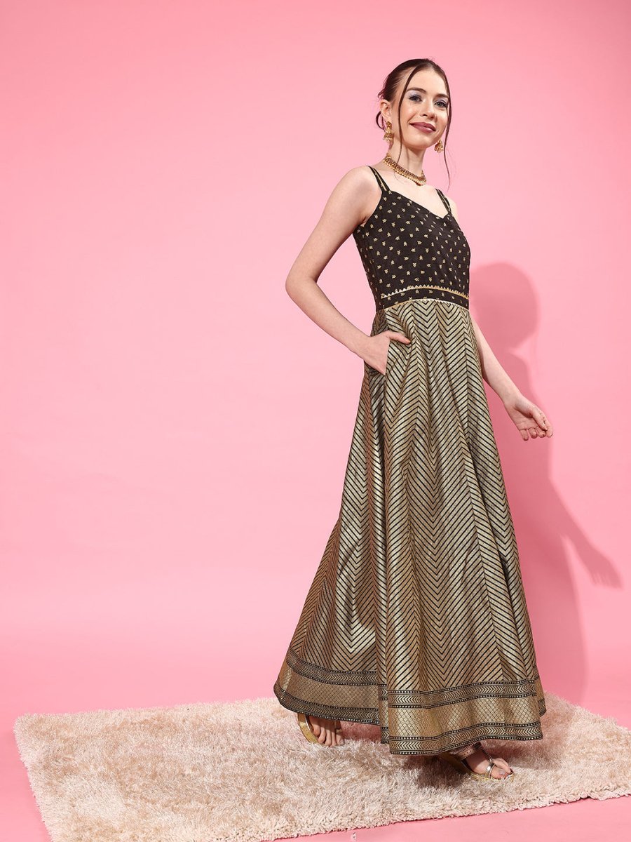 Ahalyaa Chevron Printed Maxi Ethnic Dress | Swadesiicart