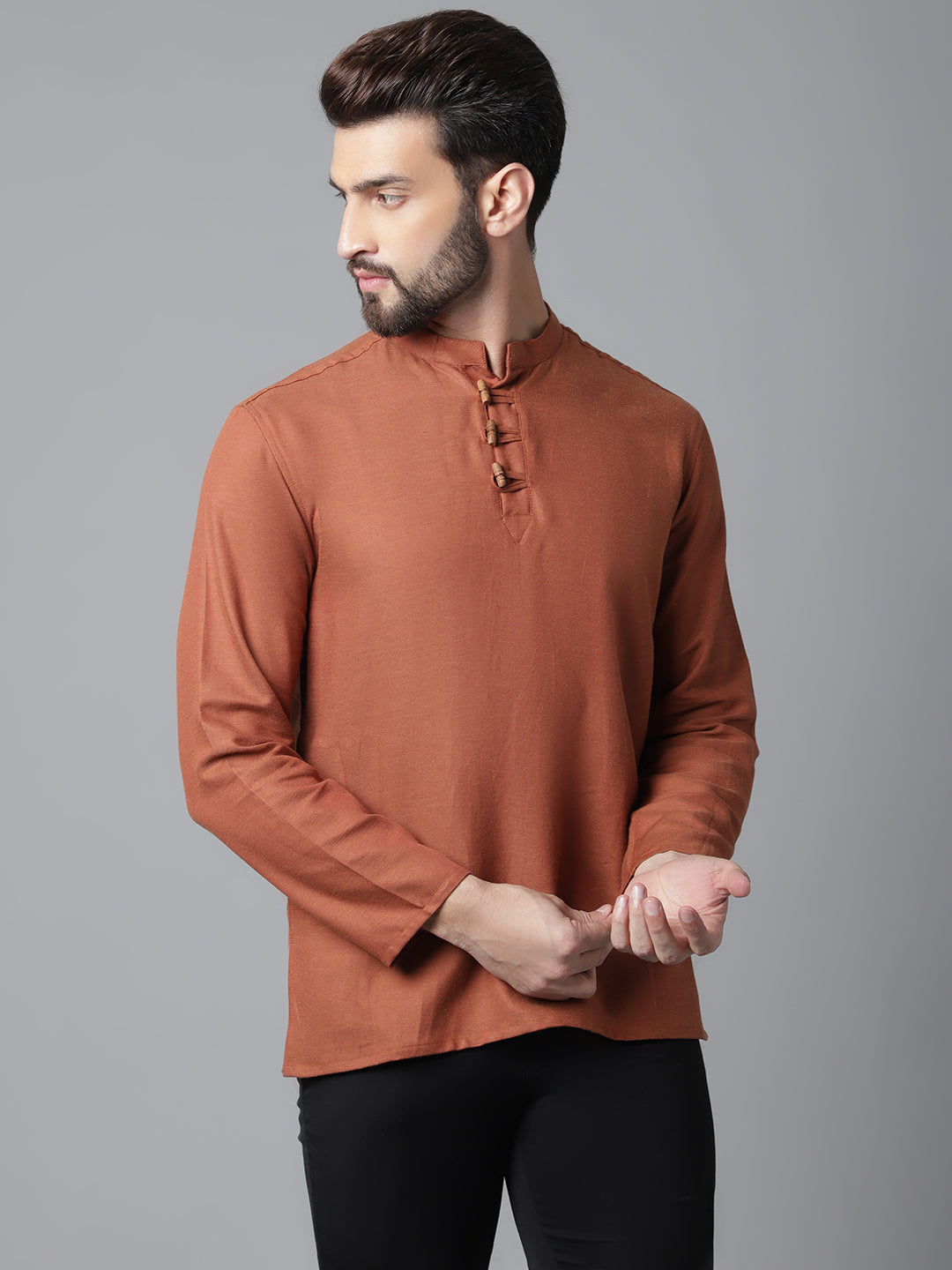 Even Apparels Rust Pure Cotton Kurta With Band Collar | Swadesiicart