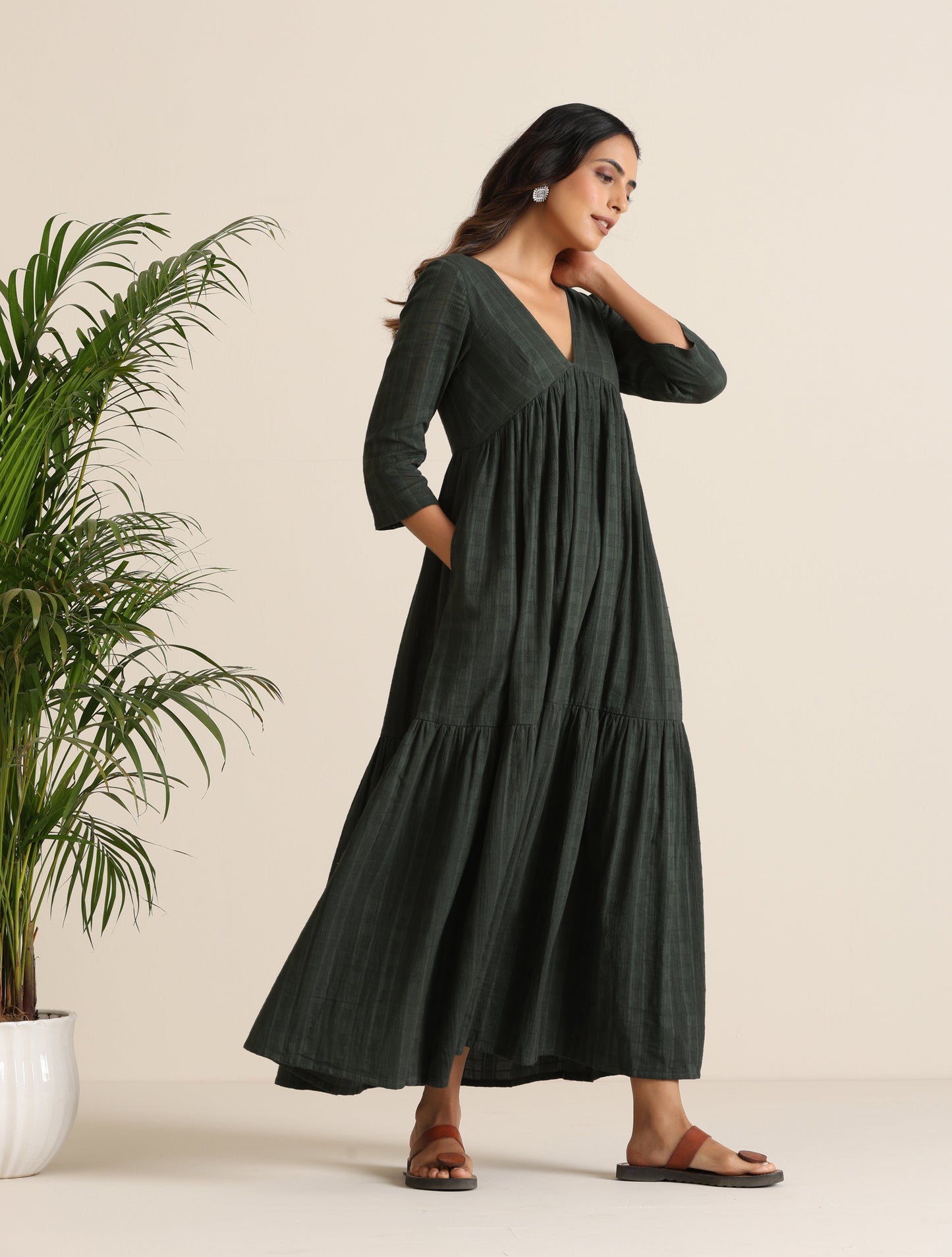 trueBrowns Charcoal Cotton Dobby Tiered Dress - Swadesiicart